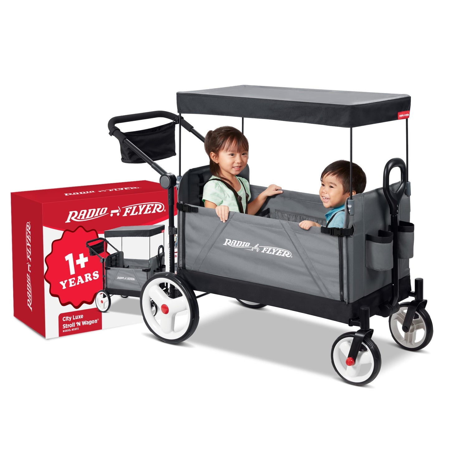 Red Radio Flyer wagon for kids with wheels, convertible stroller and rolling cart for toddlers ages 1+ outdoor toy.