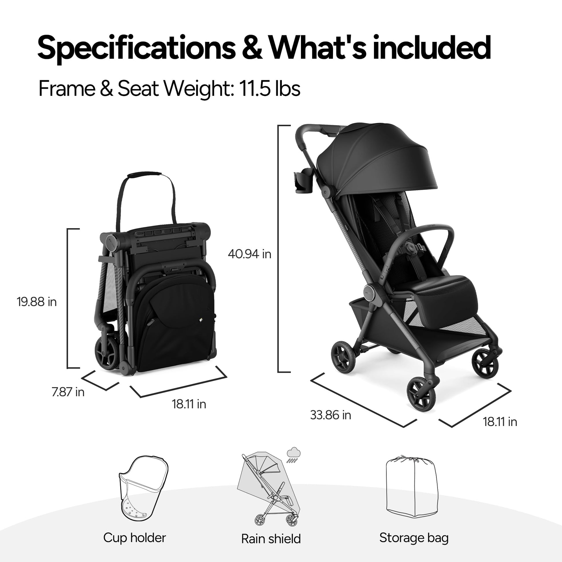 Mompush Nexis Carbon travel stroller, lightweight 11.5 lbs, compact, auto-fold, one-hand recline, suitable from birth to 50 lbs.