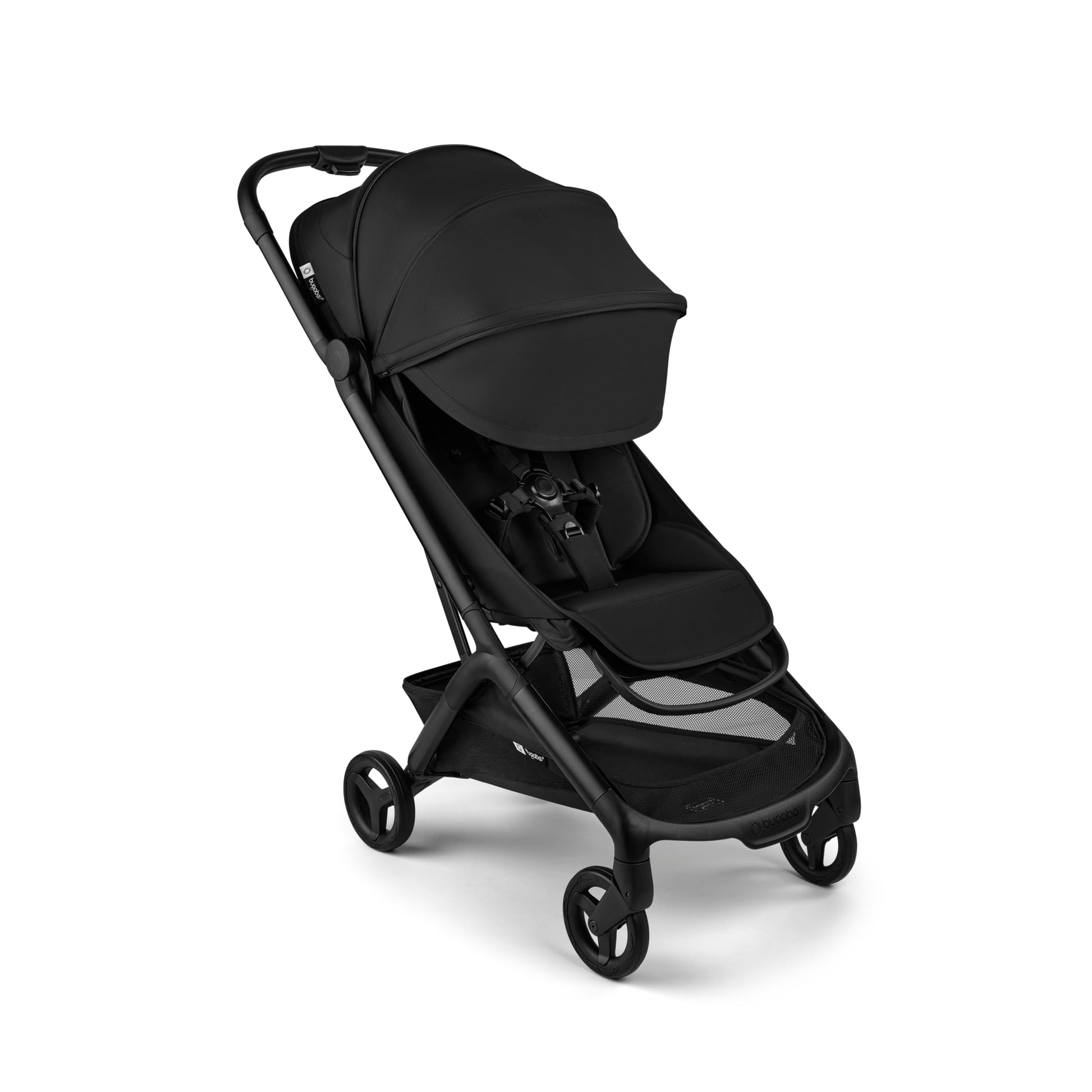 Bugaboo Butterfly 2 travel stroller in black, ultracompact fold, lightweight design, suitable for airplane travel, shown folded.