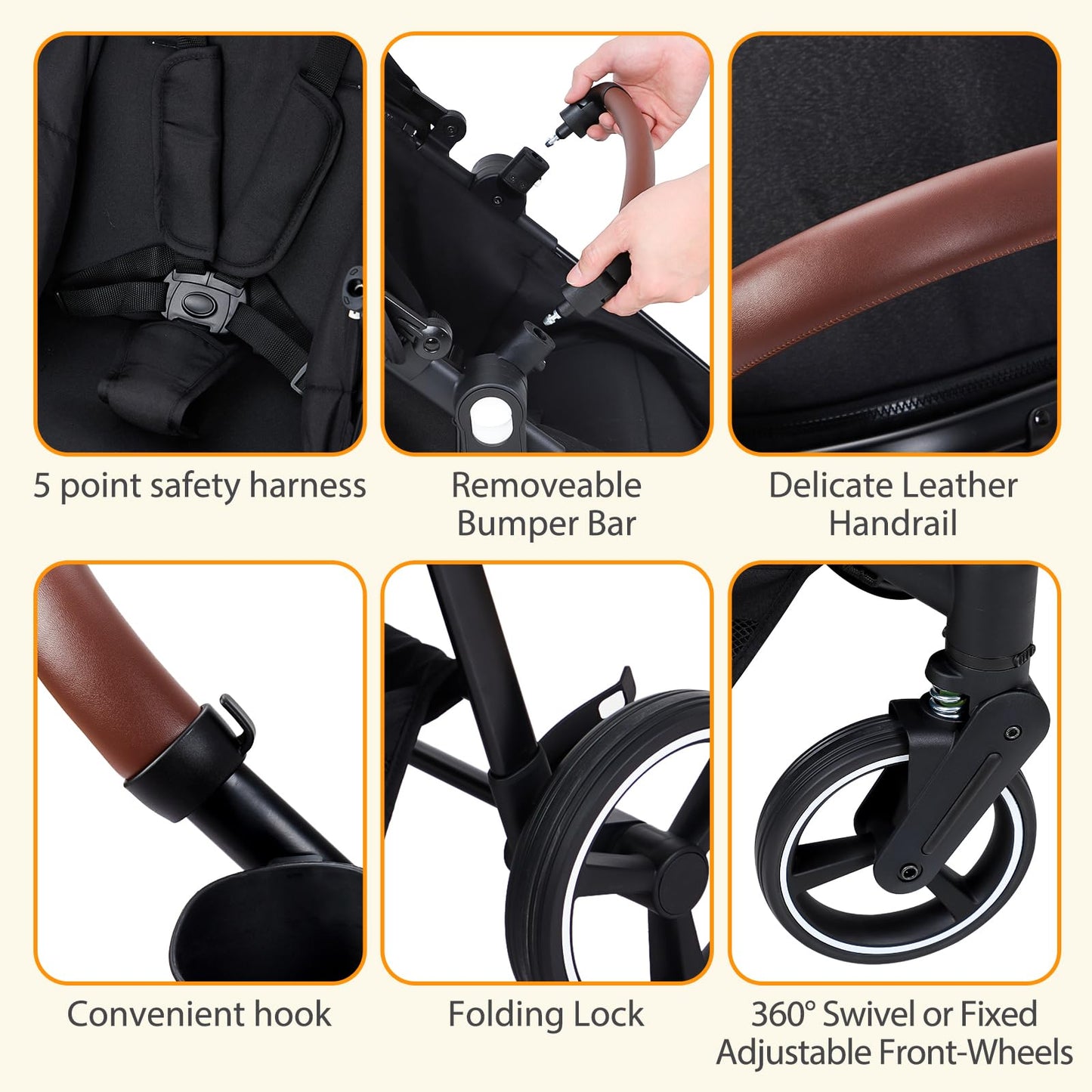 My Store tandem stroller with double bassinets, reversible seats, adjustable canopies, and large storage basket in black.