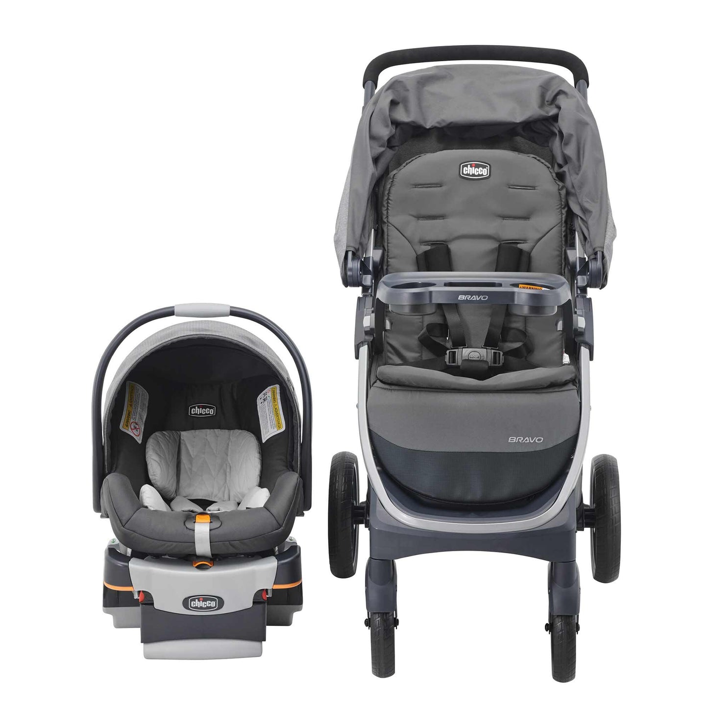 Chicco Bravo 3-in-1 travel system with quick-fold stroller, KeyFit 30 infant car seat, and base in Camden/Black color.