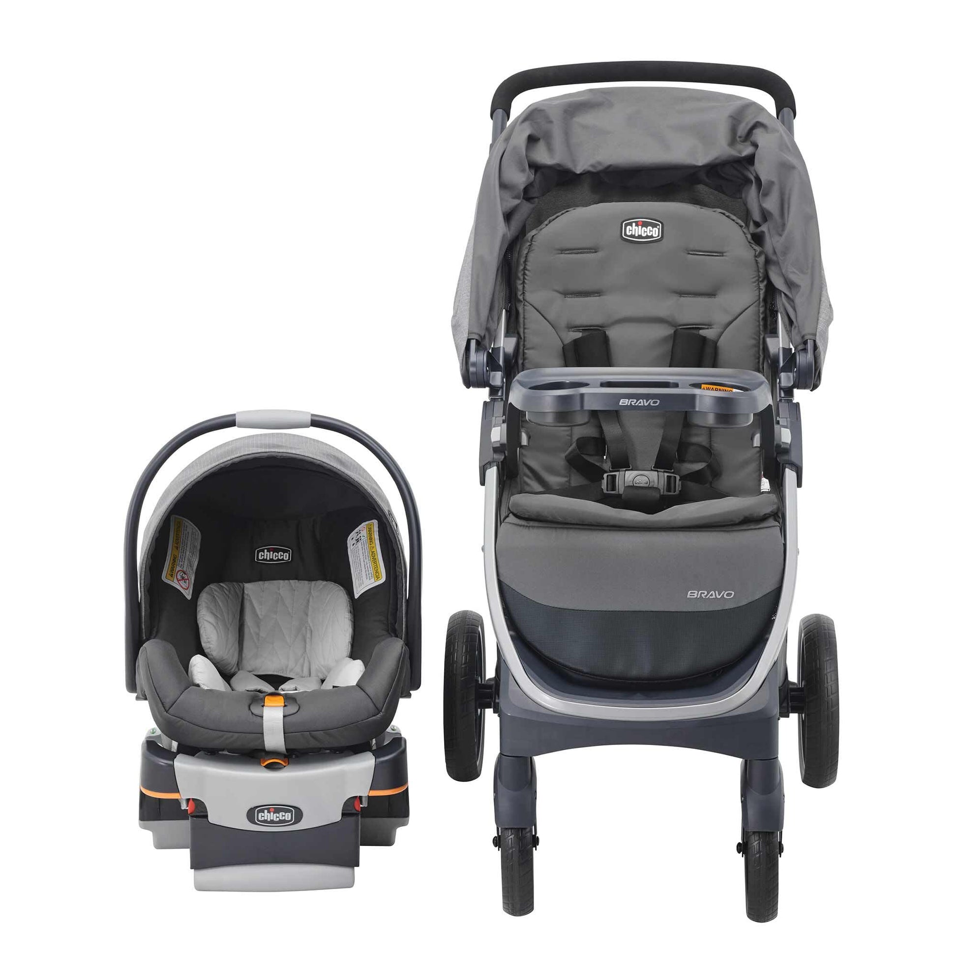 Chicco Bravo 3-in-1 travel system with quick-fold stroller, KeyFit 30 infant car seat, and base in Camden/Black color.