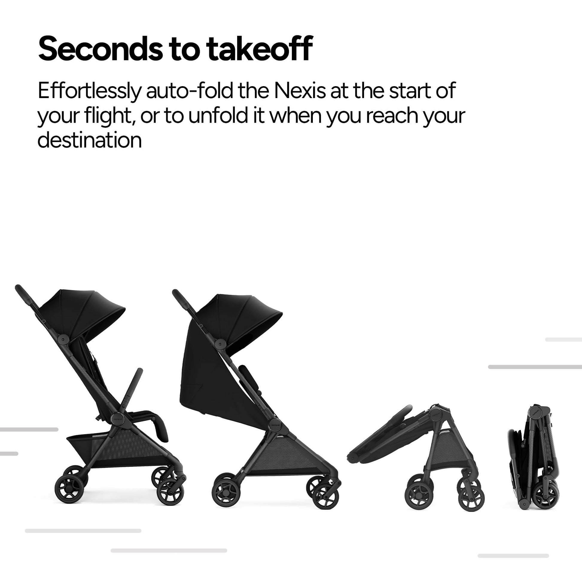 Mompush Nexis Carbon travel stroller with auto-fold, full recline, lightweight design, suitable from birth to 50 lbs.