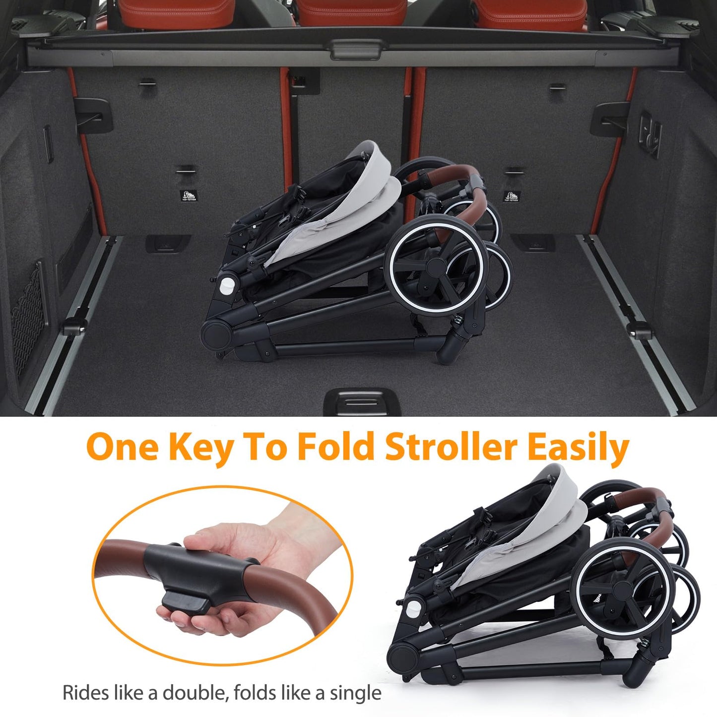 Black tandem stroller with reversible seats, adjustable canopies, large storage basket, and one-hand fold for twins and newborns.