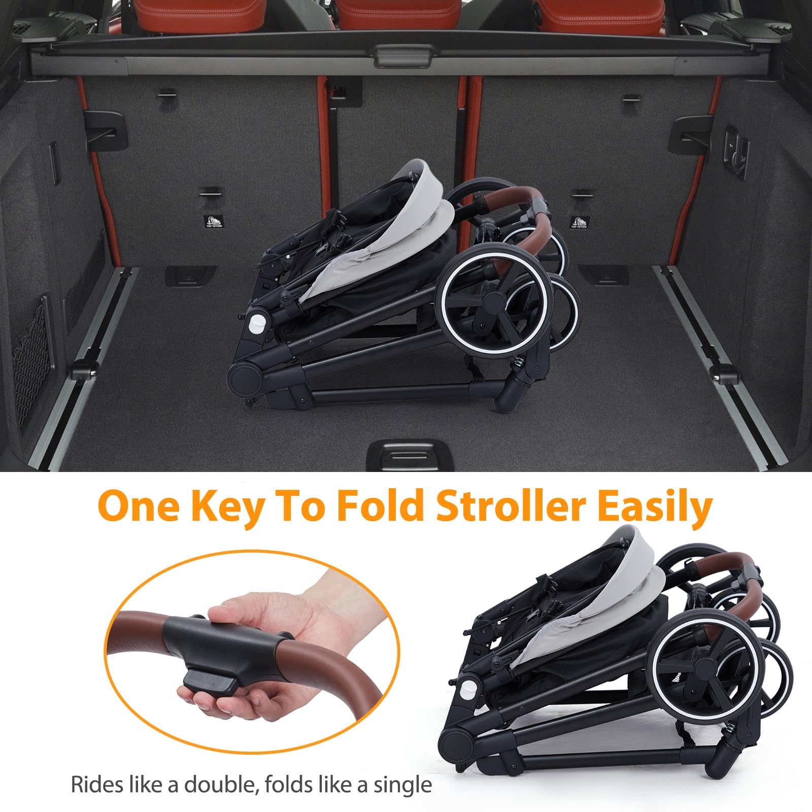 Black tandem stroller with reversible seats, adjustable canopies, large storage basket, and one-hand fold for twins and newborns.