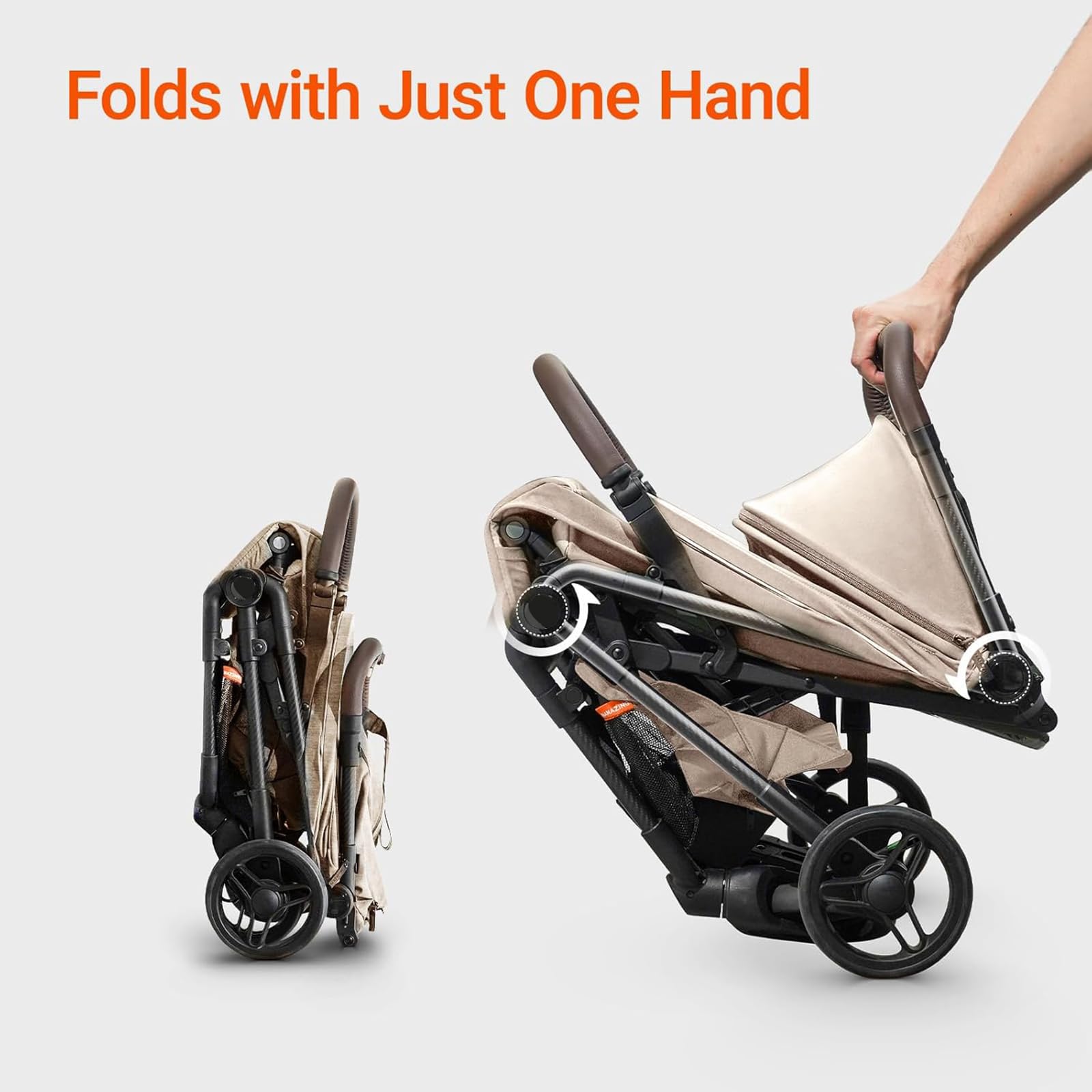 Lightweight MAMAZING Ultra Air baby travel stroller with carbon fiber frame, one-handed fold, ideal for toddlers and travel.