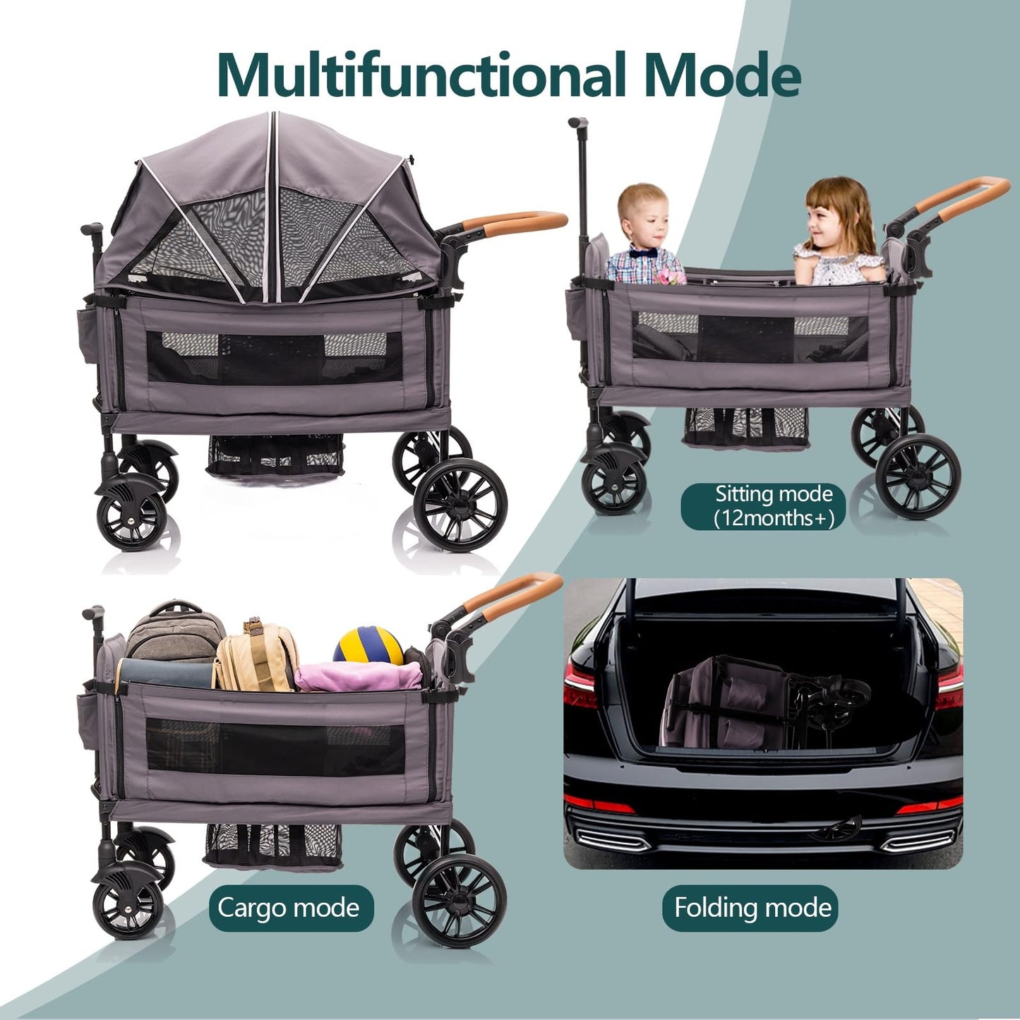 Luxury My Store wagon stroller for 2 kids with canopy, tray, cup holder, adjustable handle, and 5-point harness for newborns and toddlers.