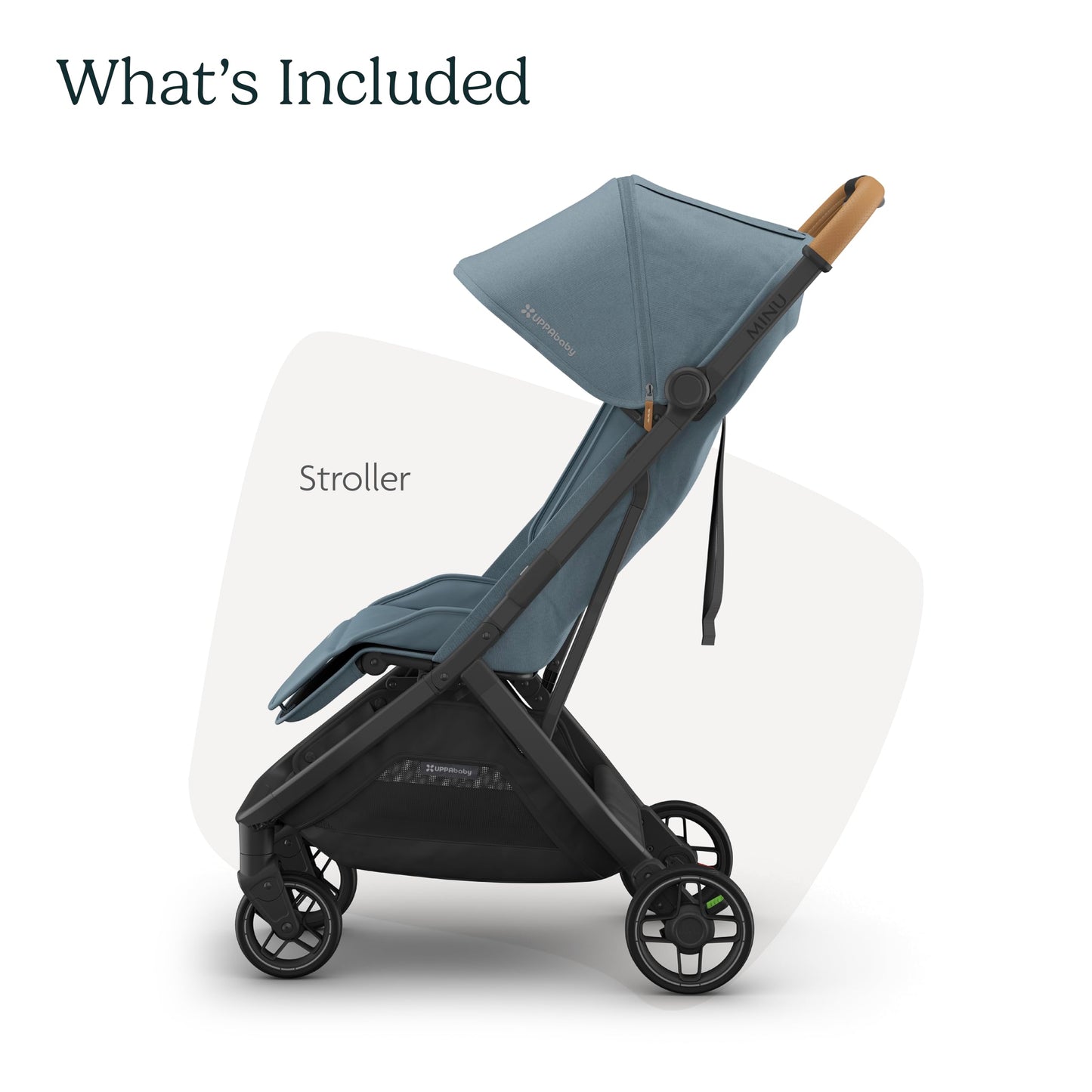 UPPAbaby Minu V3 travel stroller in greyson with charcoal frame and saddle leather, featuring lightweight, compact design, one-hand fold