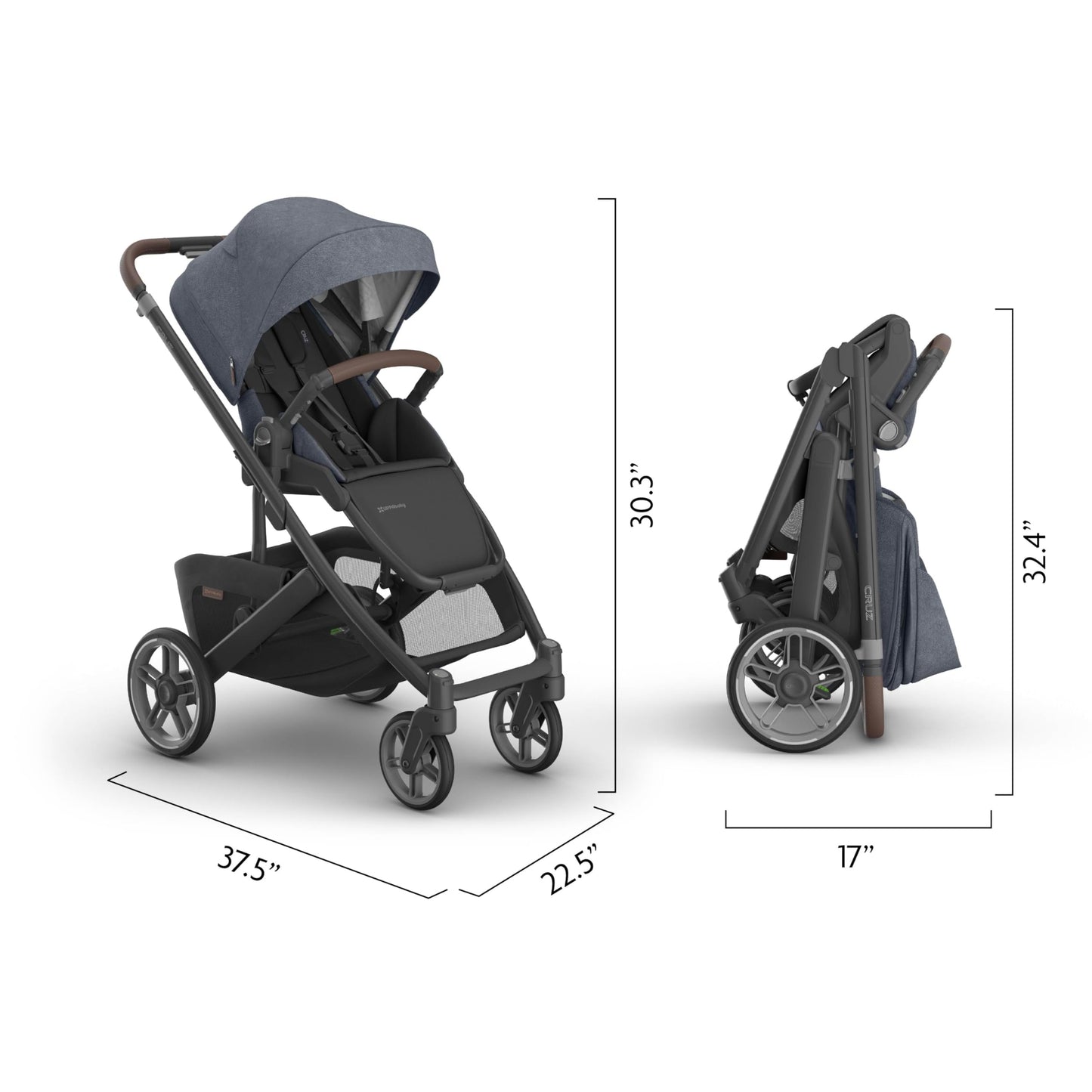 UPPAbaby Cruz V3 stroller in Greyson, full-size reversible seat with infant insert, car seat compatible, with bug and rain shields.