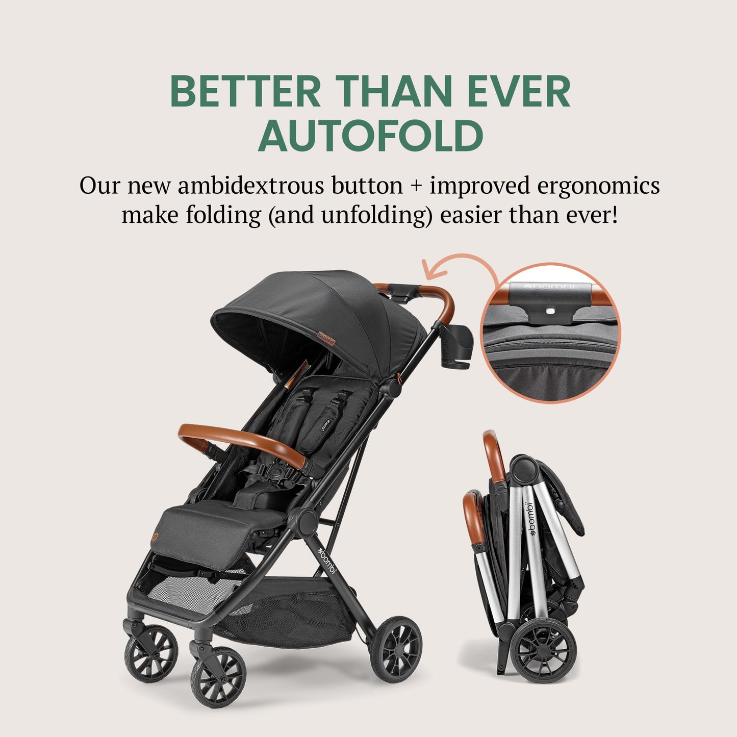 Bombi Bēbee V2 lightweight baby stroller with vegan leather, one-hand fold, infinite recline, aluminum frame, XXL canopy, and ample storage