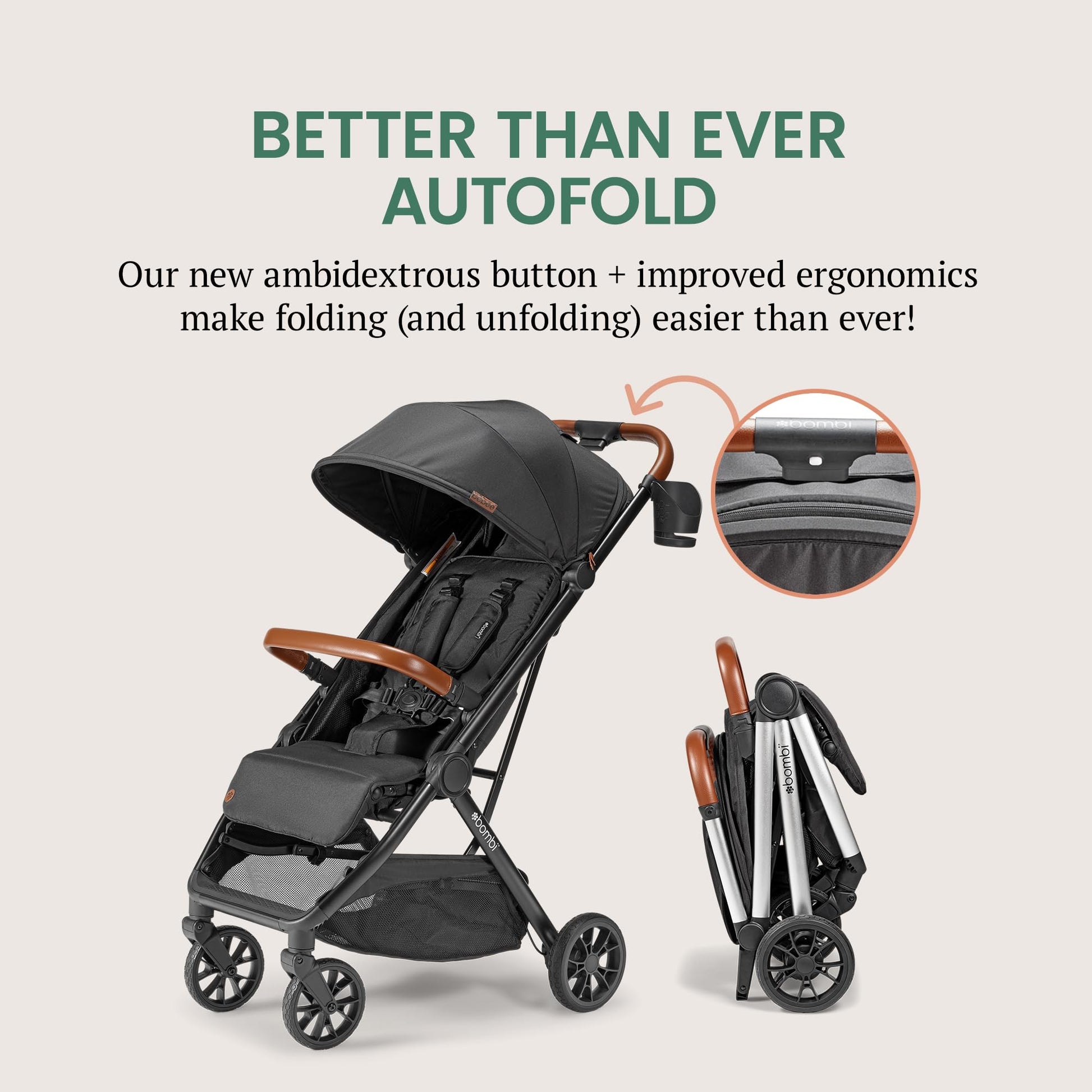 Bombi Bēbee V2 lightweight baby stroller with vegan leather, one-hand fold, infinite recline, aluminum frame, XXL canopy, and ample storage