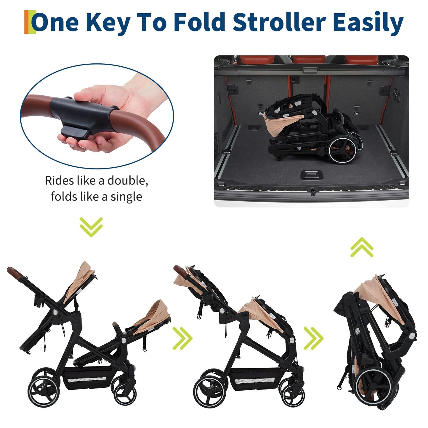 Dark grey tandem double stroller for twins with reversible seats, adjustable canopy, 5-point harness, large storage, and one-hand fold.