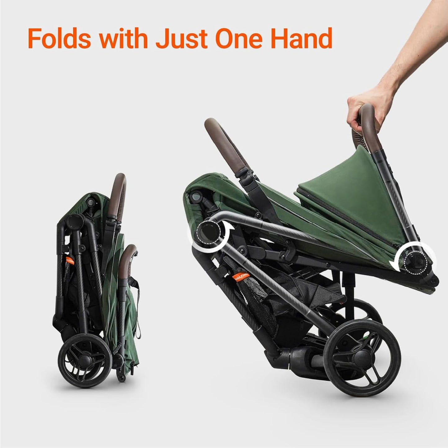Lightweight MAMAZING Ultra Air baby travel stroller with carbon fiber frame, compact design, one-handed fold, suitable for toddlers.