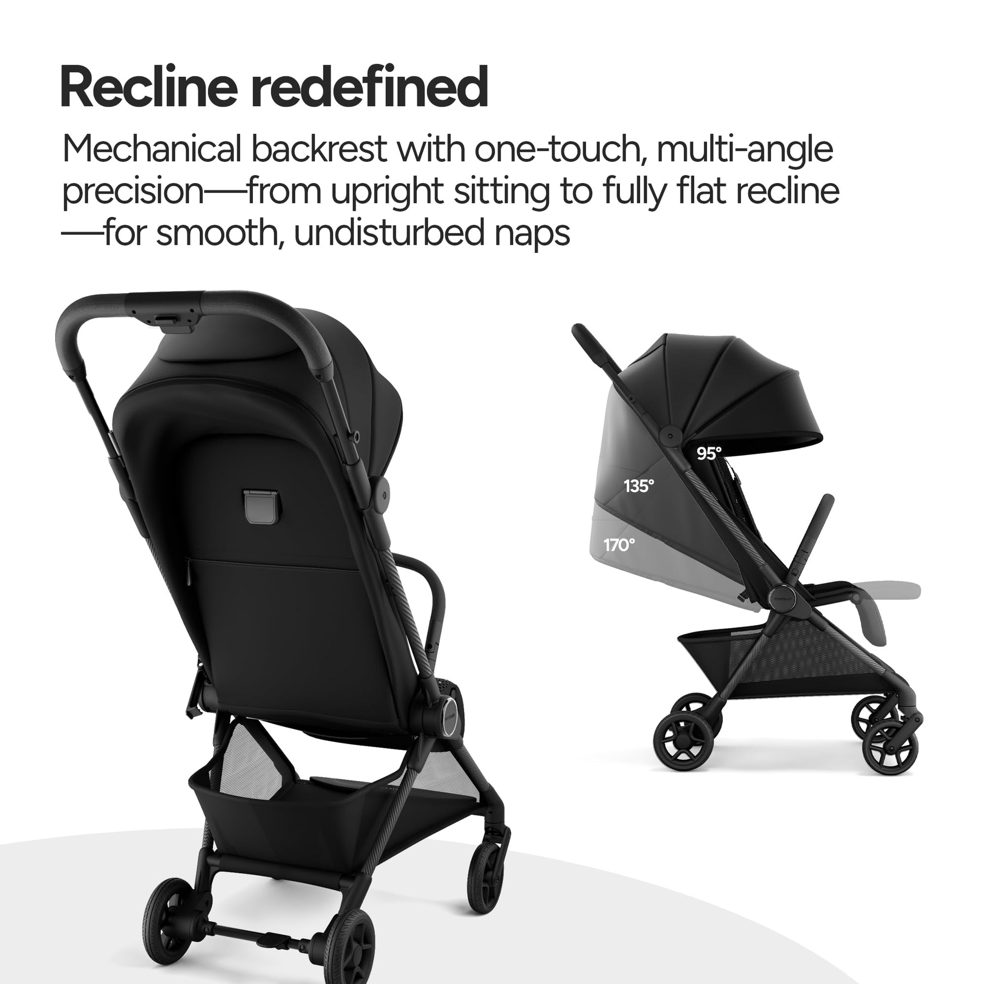 Mompush Nexis Carbon travel stroller, lightweight 11.5 lbs, compact, auto-fold, full recline, suitable from birth to 50 lbs.