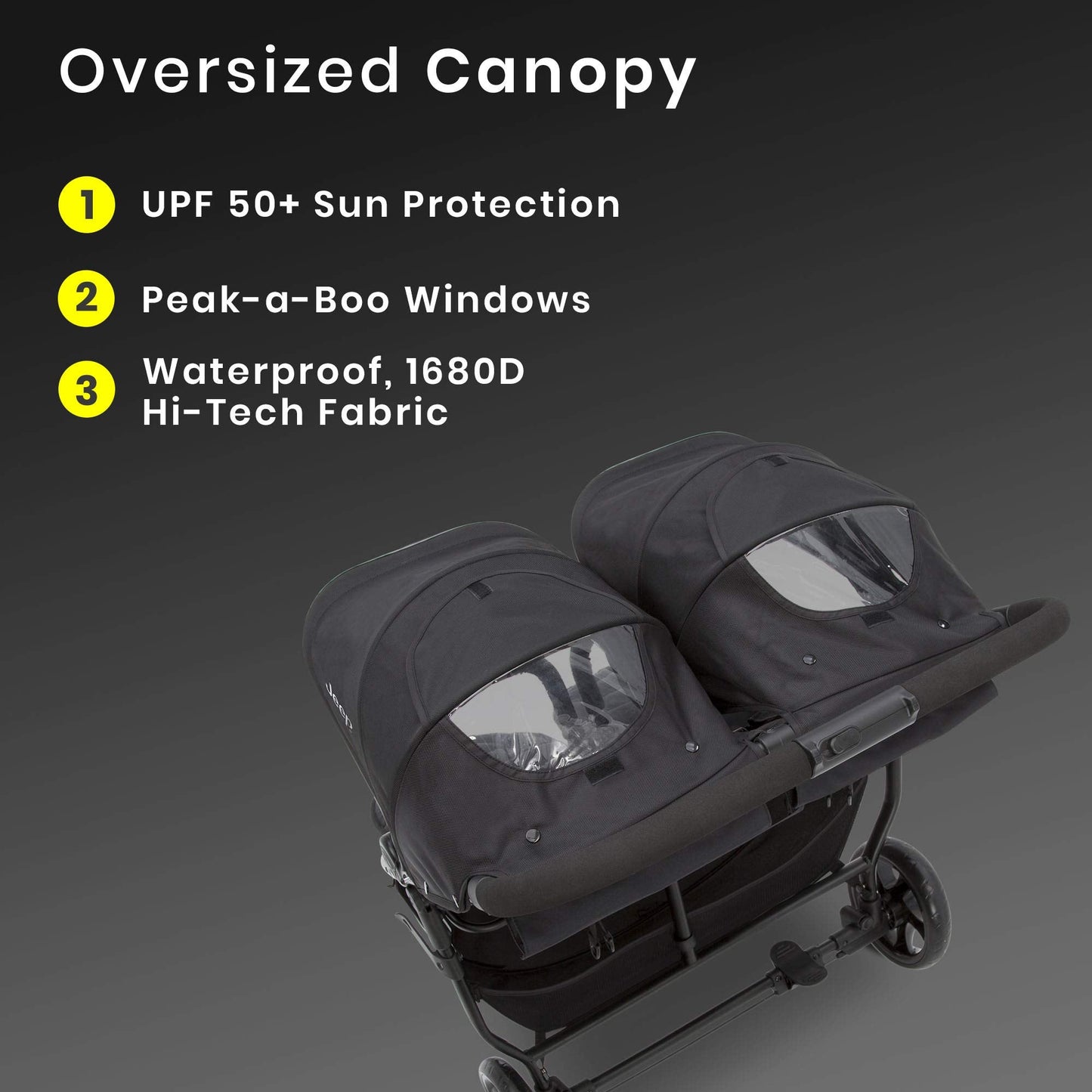 Jeep Destination Ultralight Side-by-Side Double Stroller in midnight color with two seats and adjustable canopy.