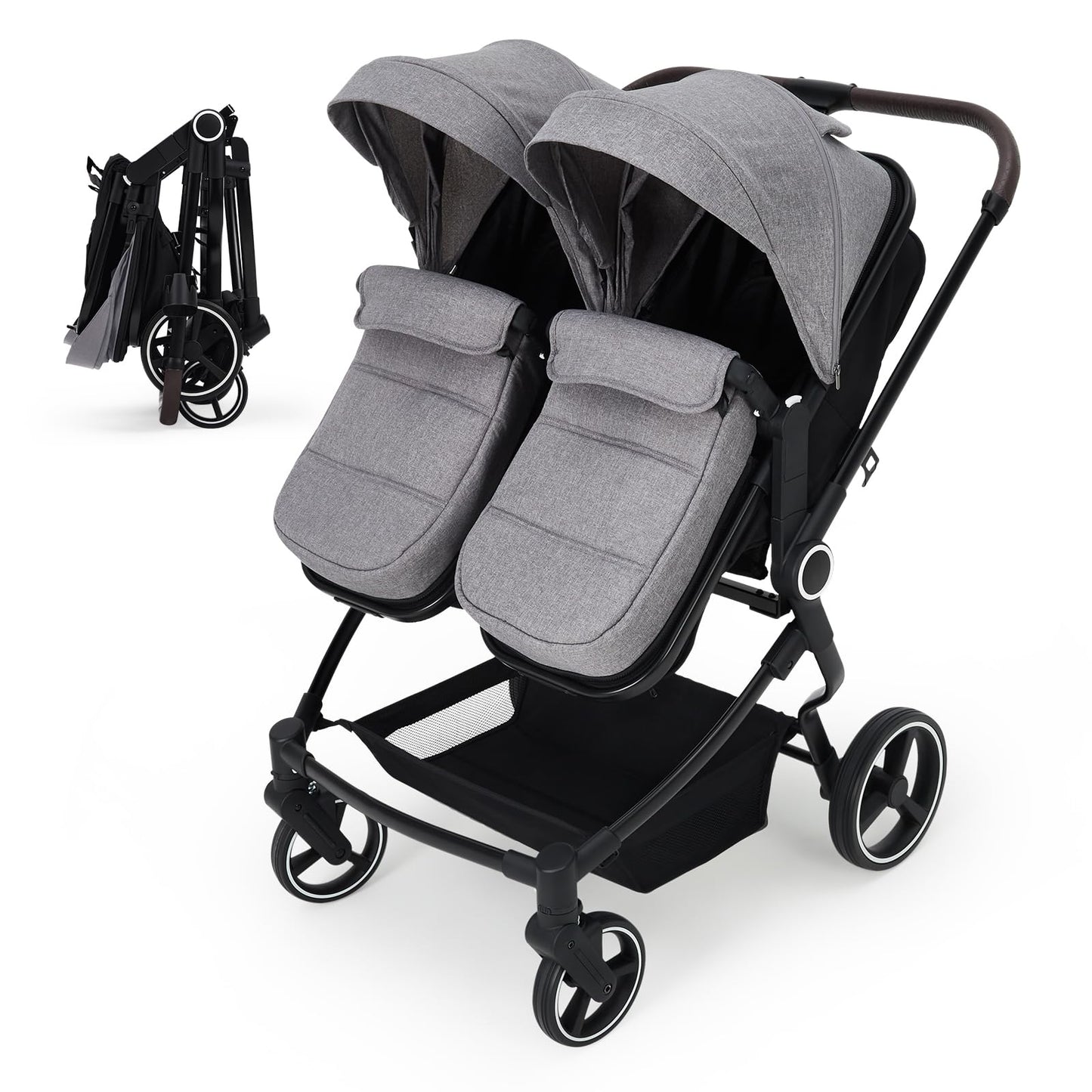 Lightweight double stroller for twins with reclining seats, adjustable canopy, 5-point harness, and high landscape design for infants and toddlers.