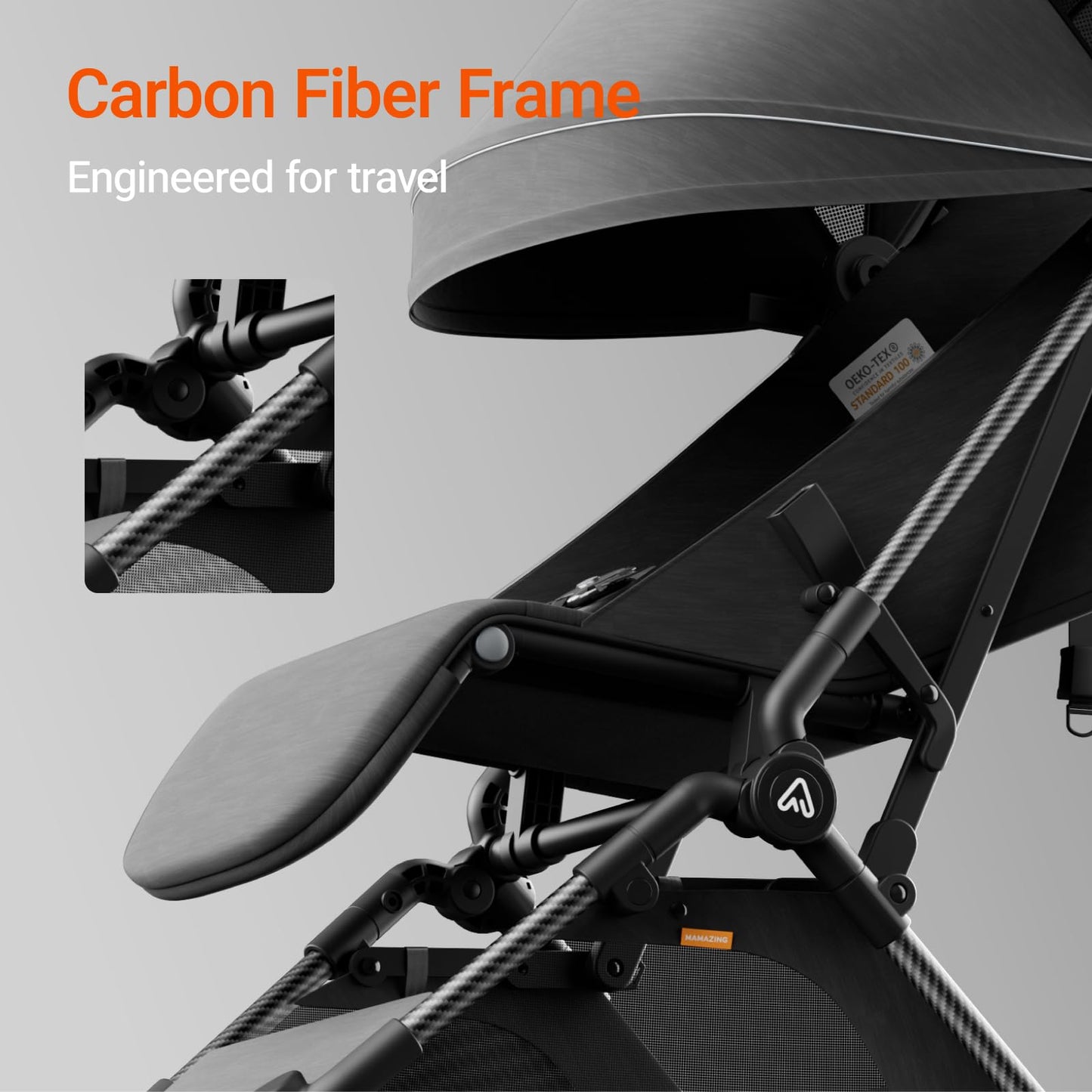 Lightweight MAMAZING Ultra Air baby travel stroller with carbon fiber frame, compact design, one-handed fold, suitable for toddlers.