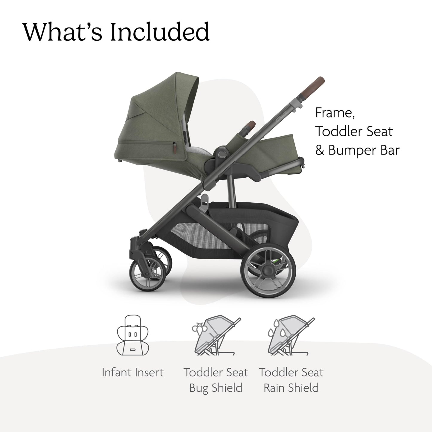 UPPAbaby Cruz V3 stroller in Greyson with charcoal mélange fabric, reversible seat, infant insert, and included bug and rain shields.