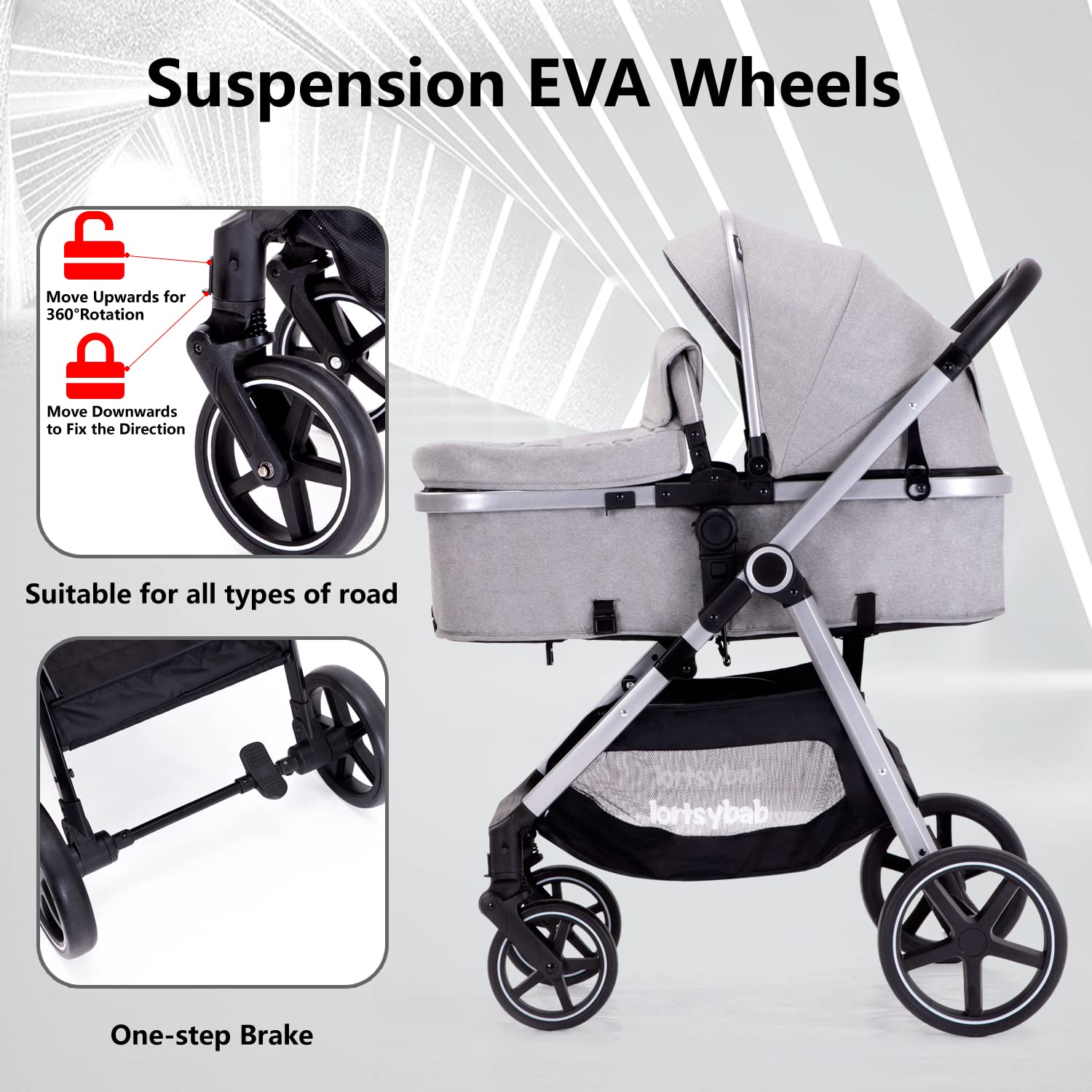 Lortsybab 2-in-1 baby stroller with beige frame, reversible seat, suitable for infants and toddlers up to 36 months.