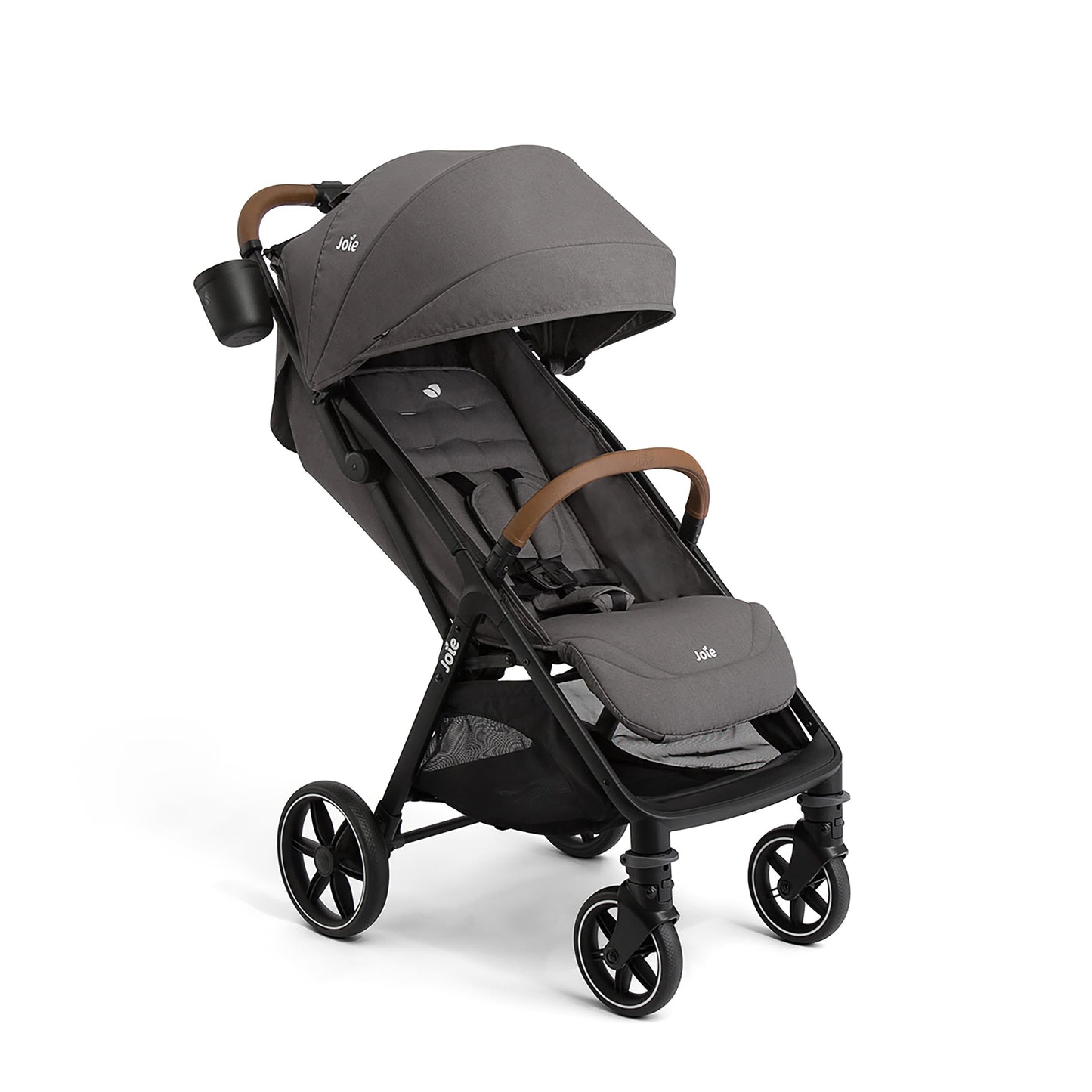 Joie Nutmeg compact stroller in shale color, lightweight design with one-hand fold, suitable for easy travel and daily use.