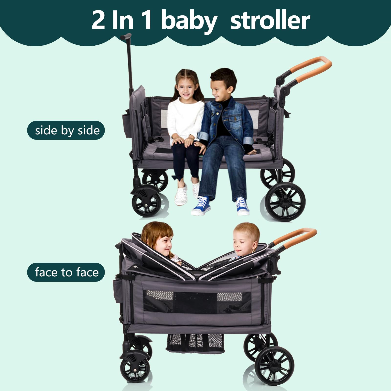 Luxury double wagon stroller for kids and cargo, lightweight, foldable, with adjustable handle, canopy, tray table, and cup holder.