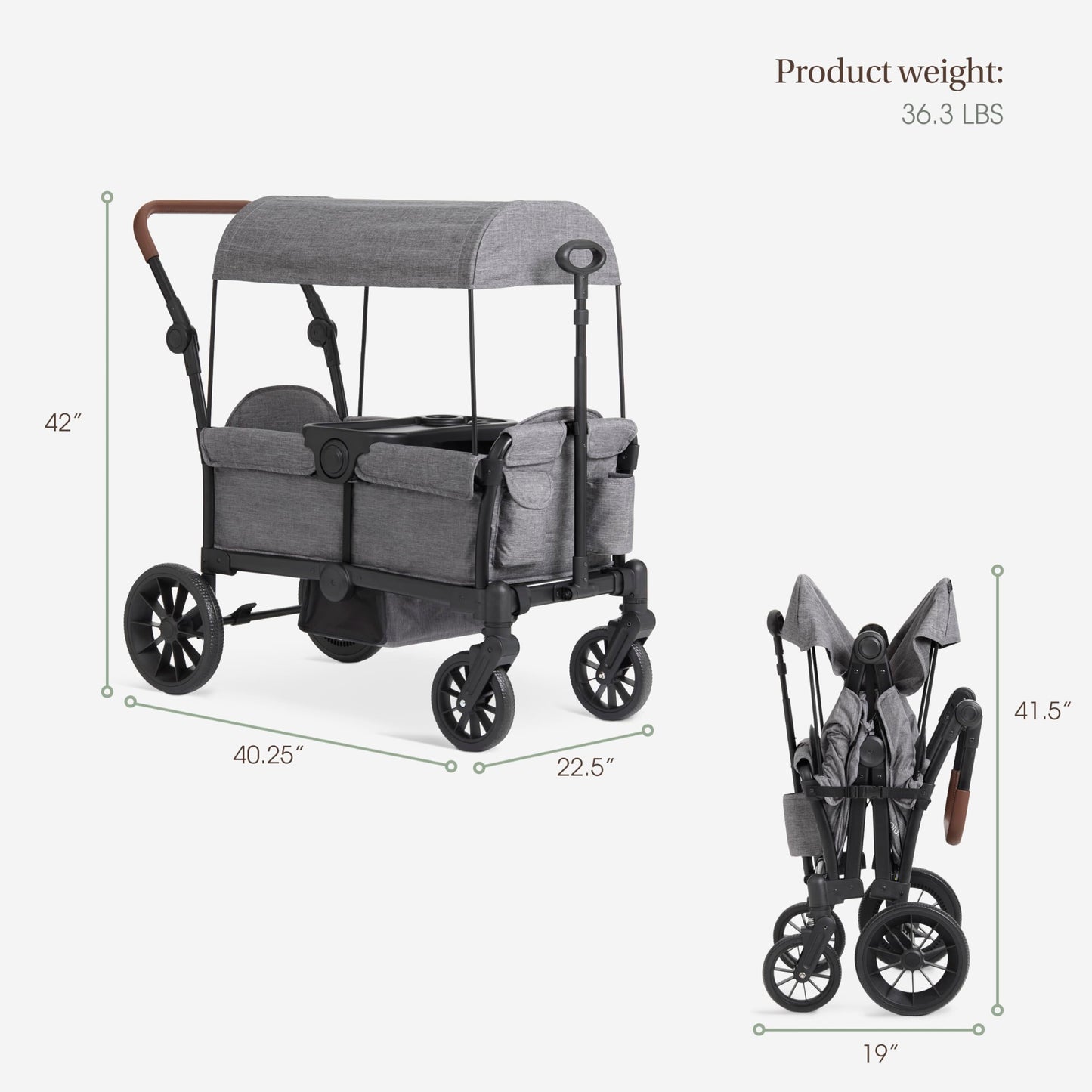 Evolur Trailblazer Double Wagon Stroller in black with all-terrain wheels, foldable canopy, 5-point harness, and spacious storage for two kids.