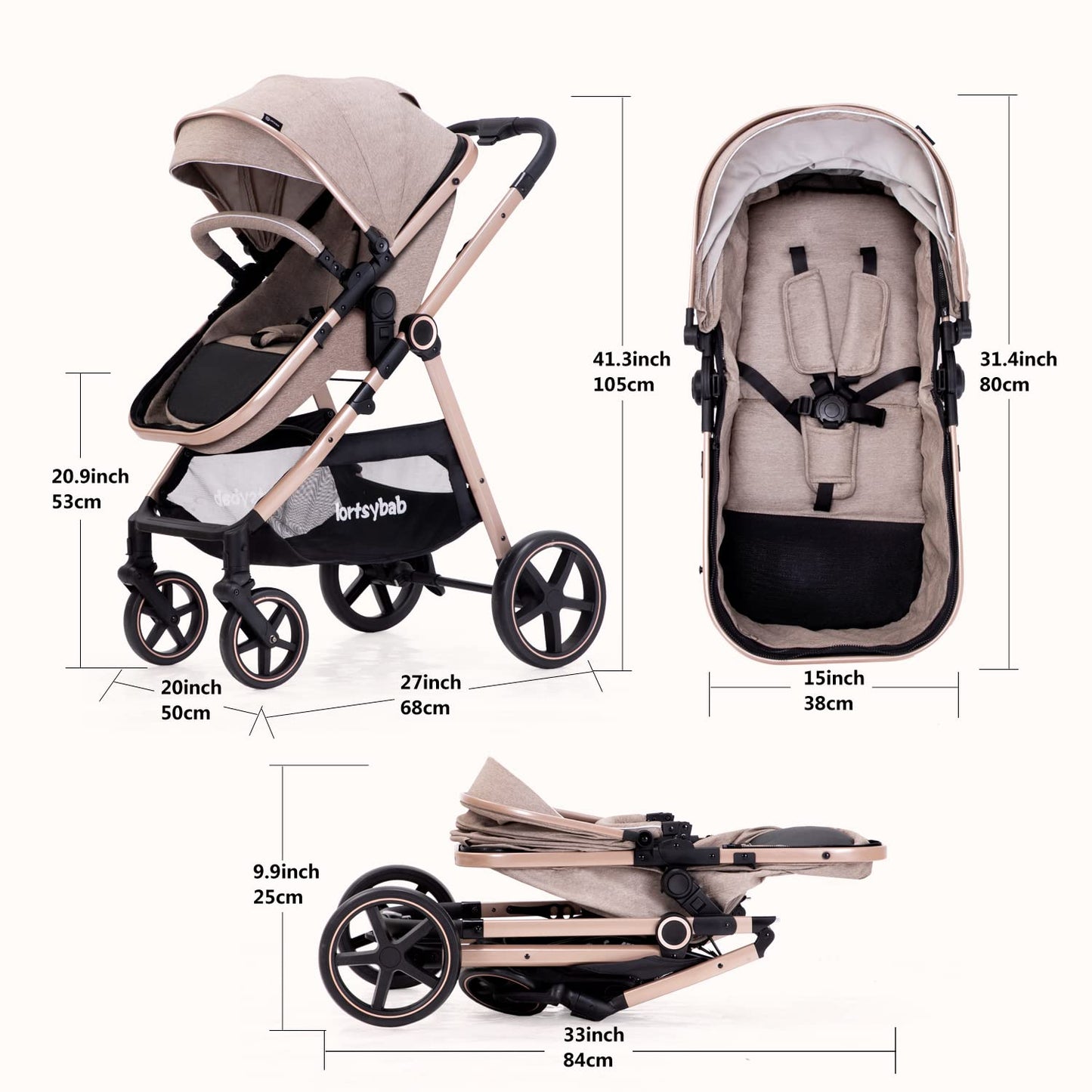 Lortsybab 2-in-1 baby stroller with beige frame and reversible seat, suitable for infants and toddlers from 0 to 36 months.