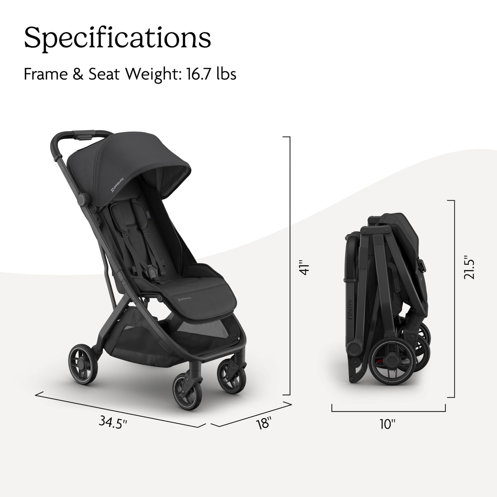 UPPAbaby Minu V3 lightweight travel stroller in greyson charcoal with carbon frame and saddle leather, featuring one-hand fold and overhead canopy.