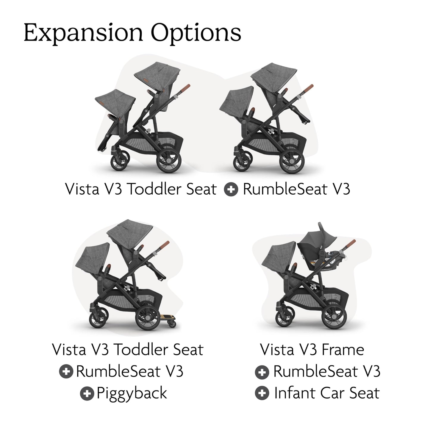 UPPAbaby RumbleSeat V3 second lower seat in Declan oatmeal with silver frame and chestnut leather, showing all-weather design and magnetic buckle.