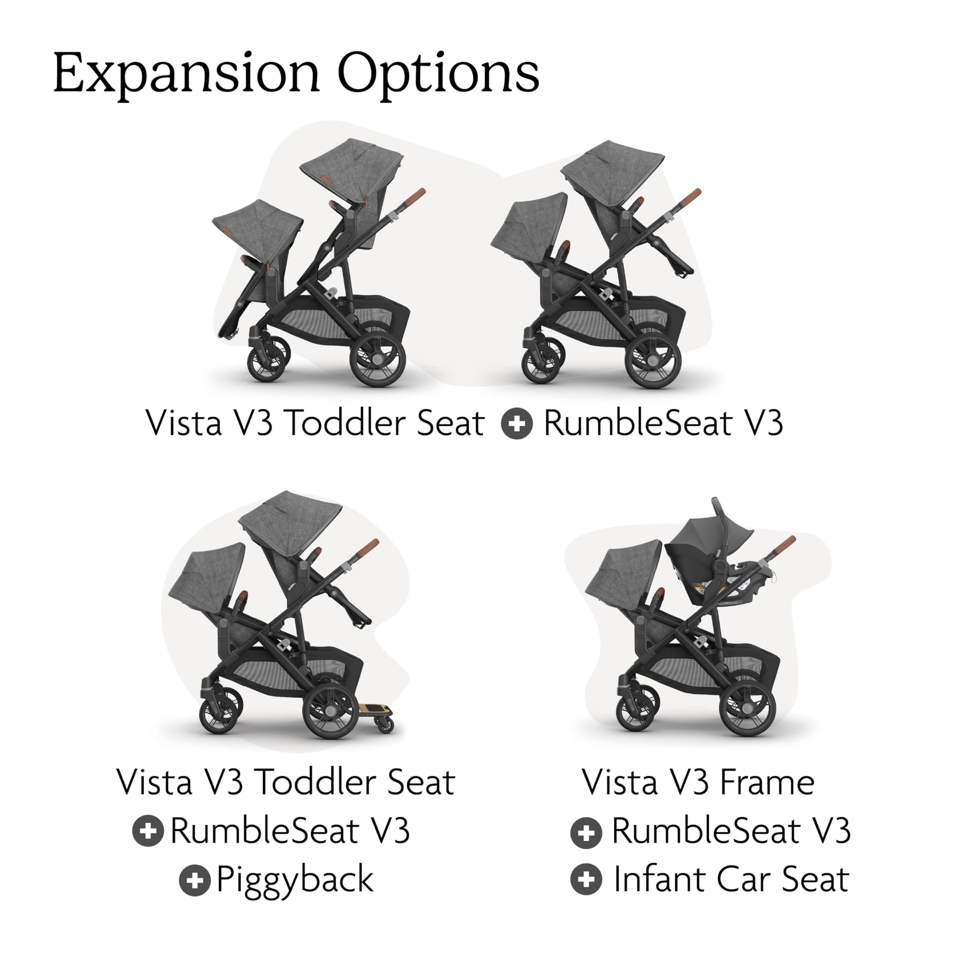 UPPAbaby RumbleSeat V3 second lower seat in Declan oatmeal with silver frame and chestnut leather, showing all-weather design and magnetic buckle.