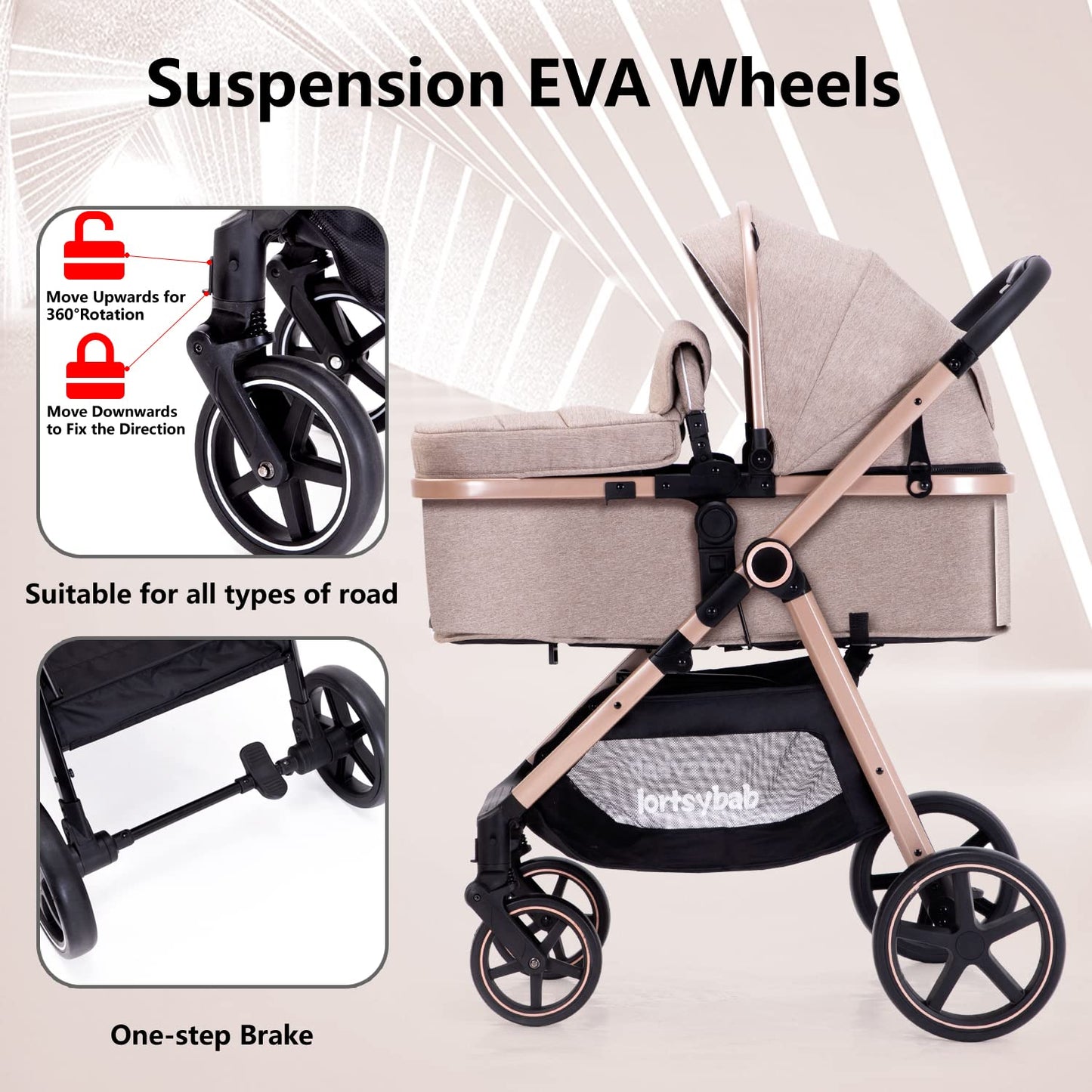 Lortsybab 2-in-1 baby stroller with beige frame, reversible seat, suitable for infants and toddlers 0-36 months, foldable design