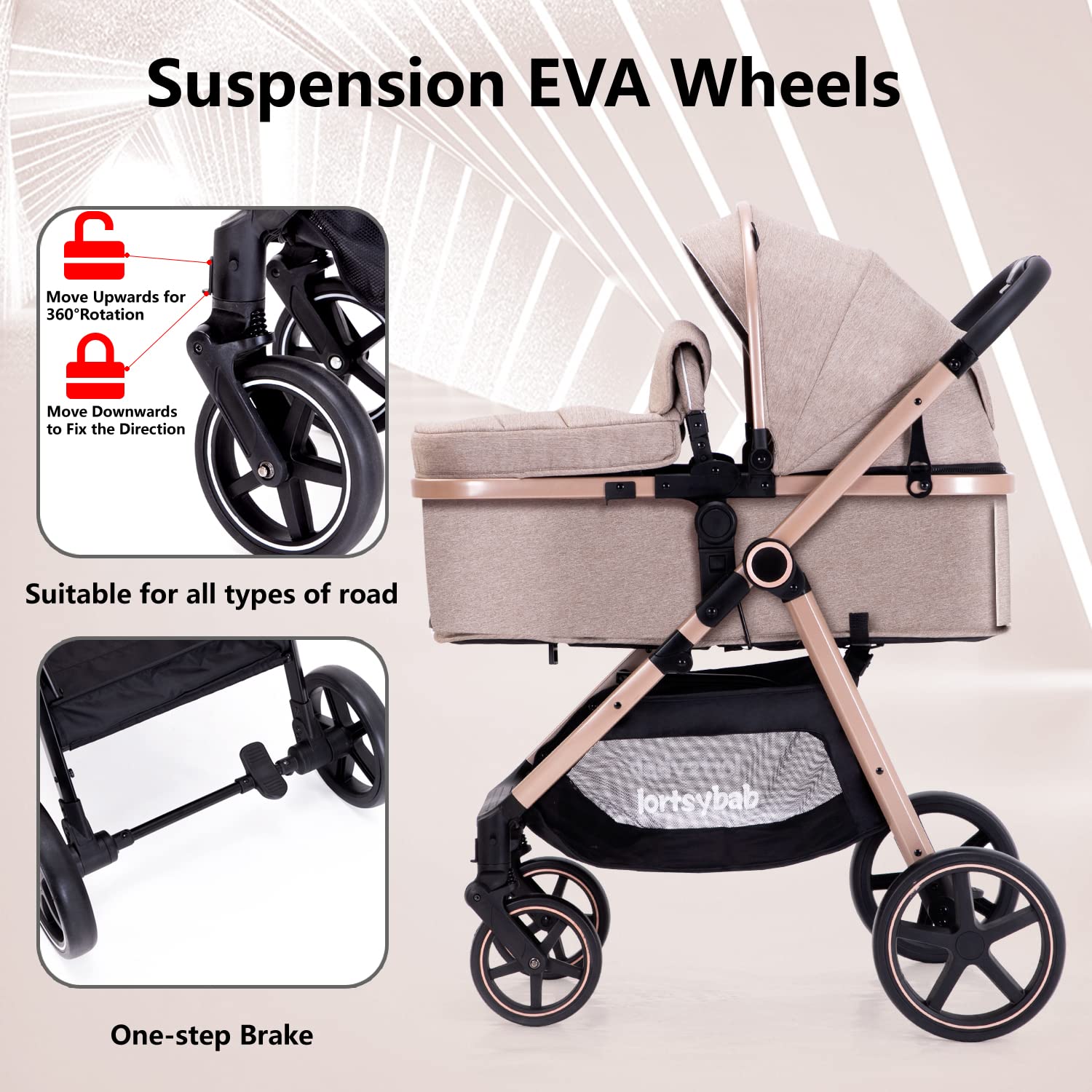 Lortsybab 2-in-1 baby stroller with beige frame, reversible seat, suitable for infants and toddlers 0-36 months, foldable design