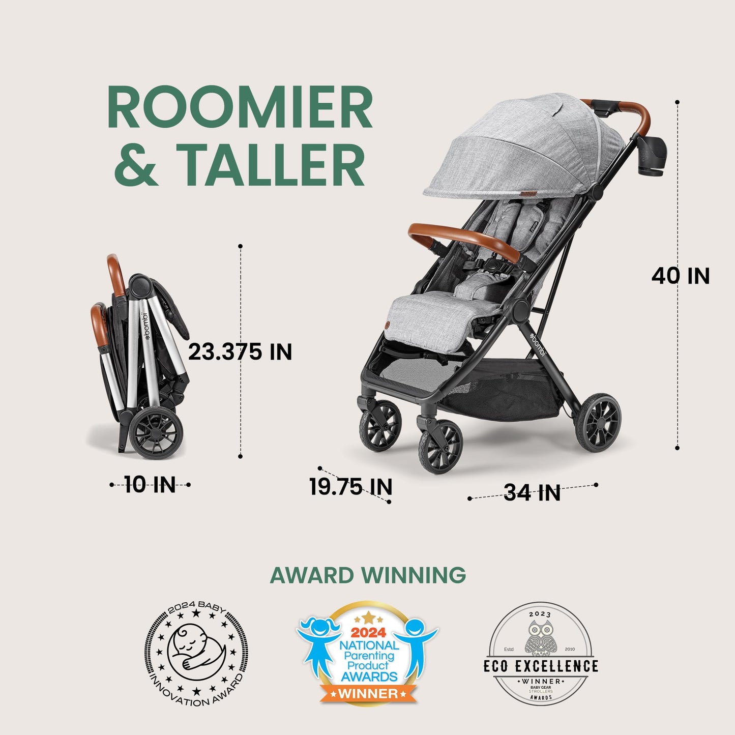 Lightweight Bombi Bēbee V2 baby stroller with vegan leather, one-hand fold, infinite recline, aircraft-grade aluminum frame, and XXL canopy