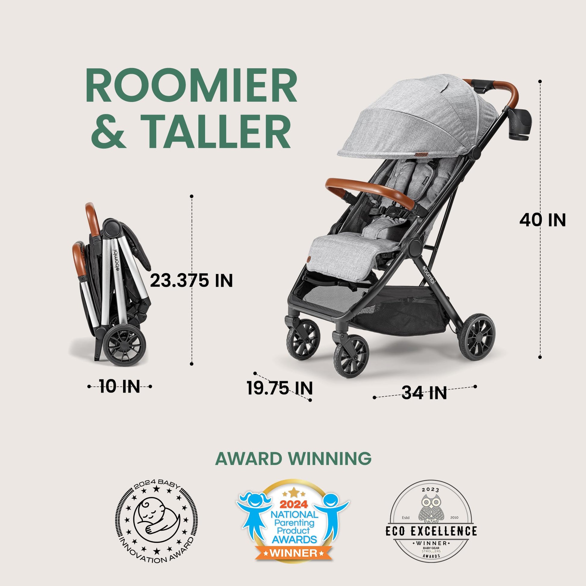 Lightweight Bombi Bēbee V2 baby stroller with vegan leather, one-hand fold, infinite recline, aircraft-grade aluminum frame, and XXL canopy