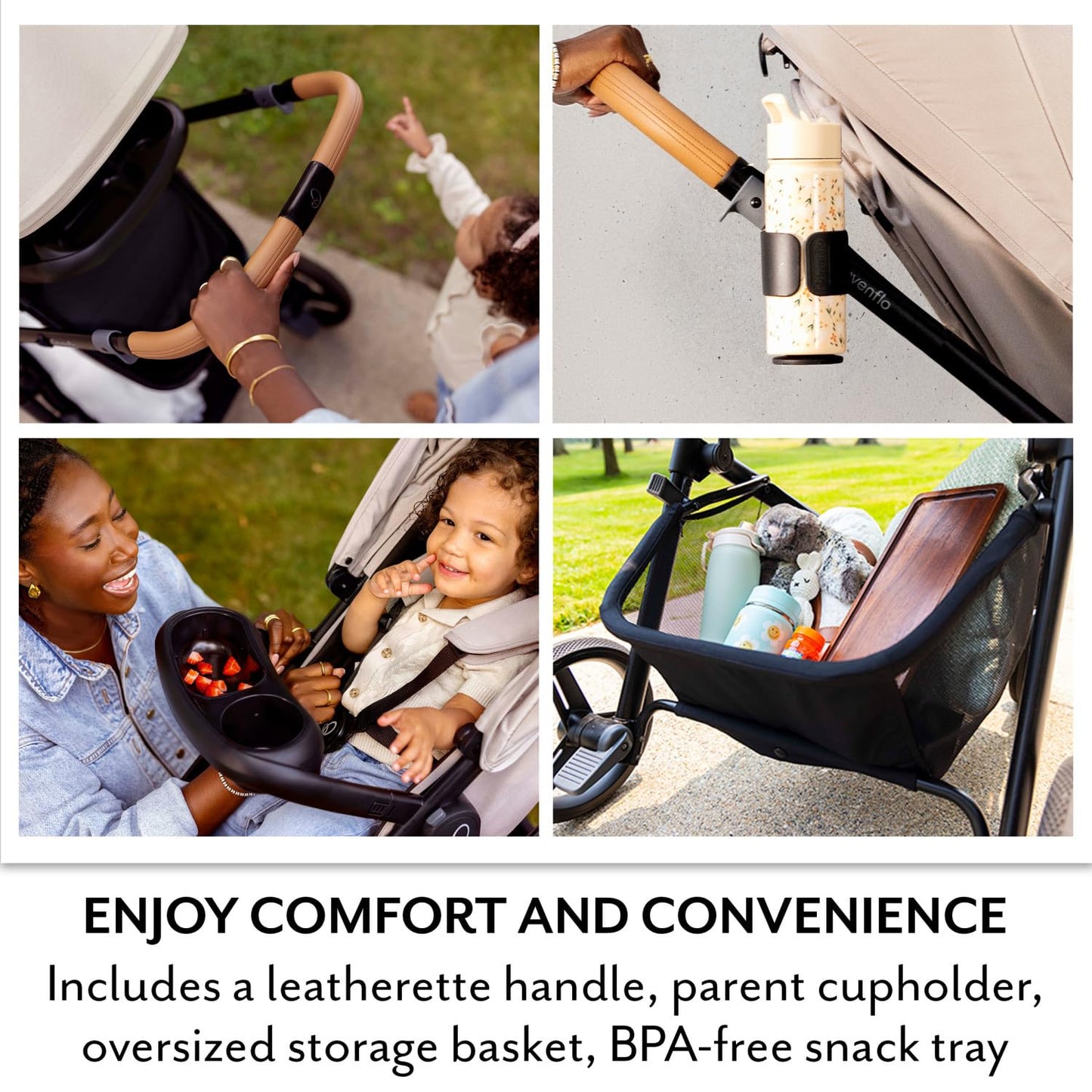 Evenflo Pivot NXT Travel System with LiteMax NXT infant car seat in Latte Tan, stroller with storage and adjustable handle.