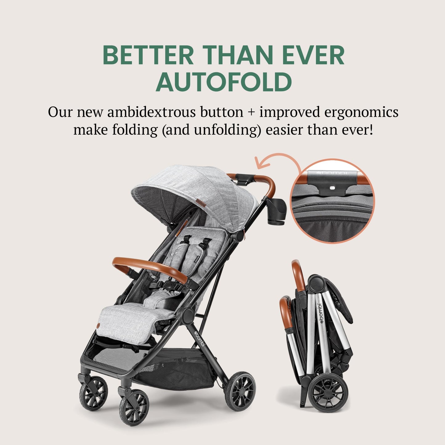 Bombi Bēbee V2 lightweight baby stroller with vegan leather, one-hand fold, infinite recline, aluminum frame, XXL canopy, and storage