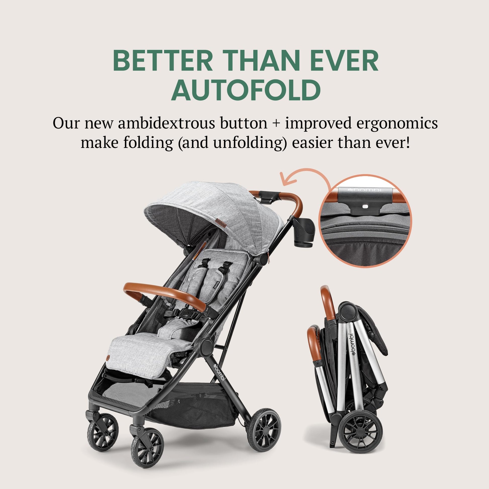 Bombi Bēbee V2 lightweight baby stroller with vegan leather, one-hand fold, infinite recline, aluminum frame, XXL canopy, and storage