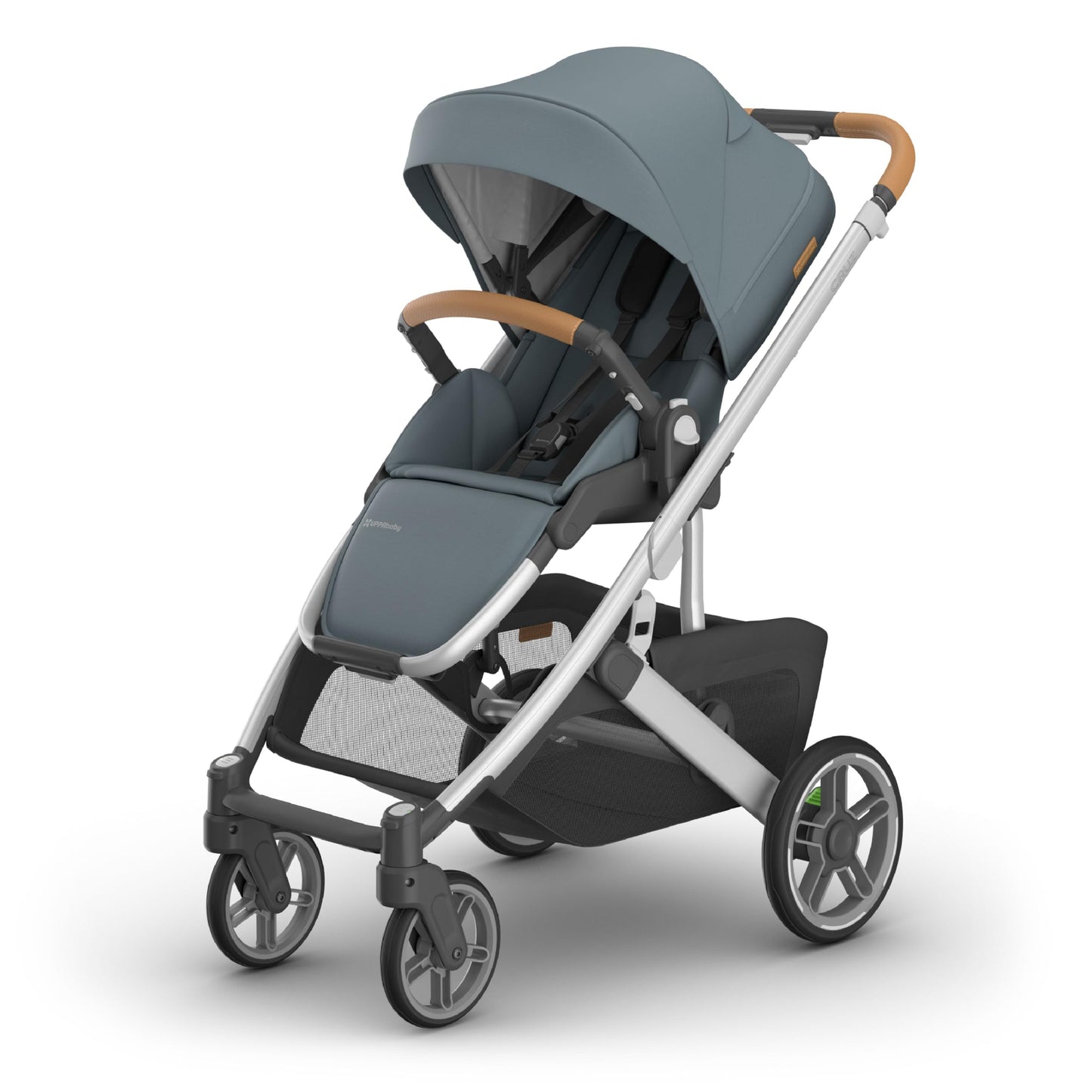 UPPAbaby Cruz V3 stroller with reversible seat, infant insert, and weather shields in Greyson (Charcoal Mélange) with carbon frame and saddle leather.