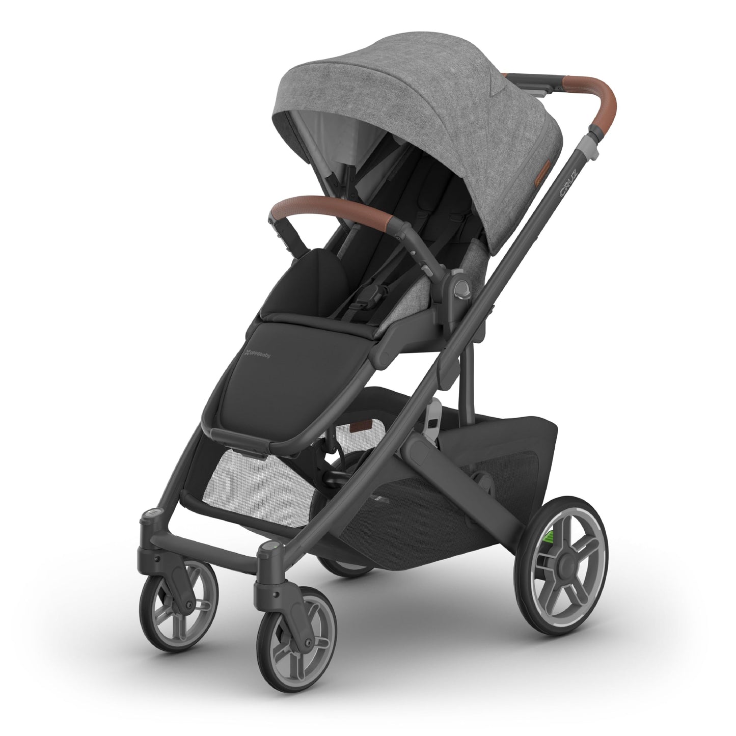 UPPAbaby Cruz V3 stroller in Greyson with charcoal mélange fabric, reversible seat, infant insert, and bug and rain shields.