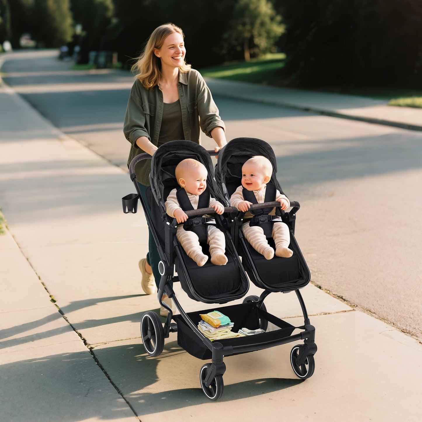 Pink double stroller for newborn and toddler with adjustable recline, canopy, parent cup holders, lightweight fold, suitable for twins and kids