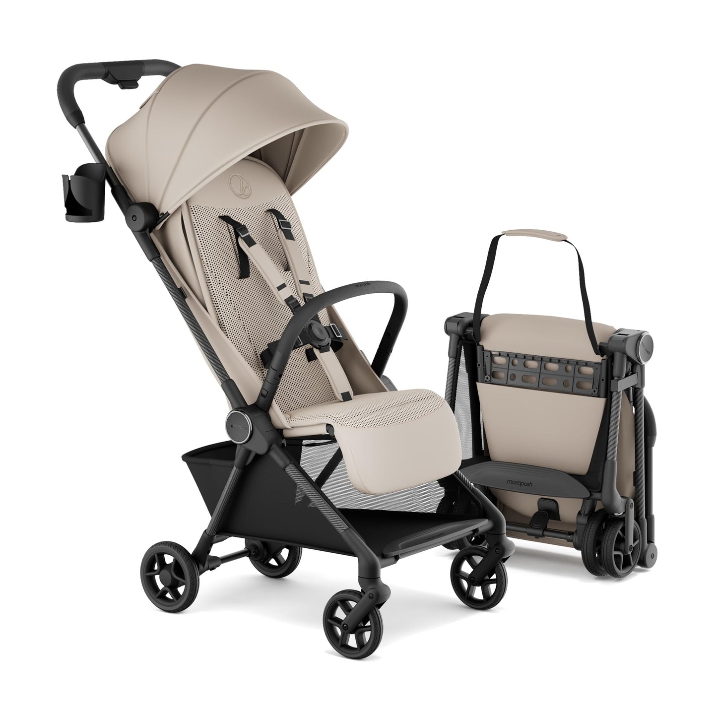 Mompush Nexis Carbon travel stroller with lightweight frame, compact design, auto-fold, full recline, suitable from birth to 50 lbs.