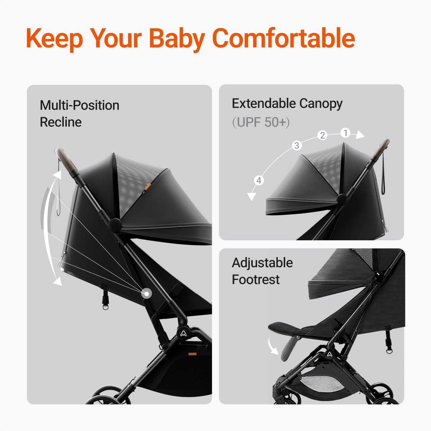 Lightweight MAMAZING Ultra Air baby travel stroller with carbon fiber frame, one-handed fold, suitable for toddlers, airplane-friendly.