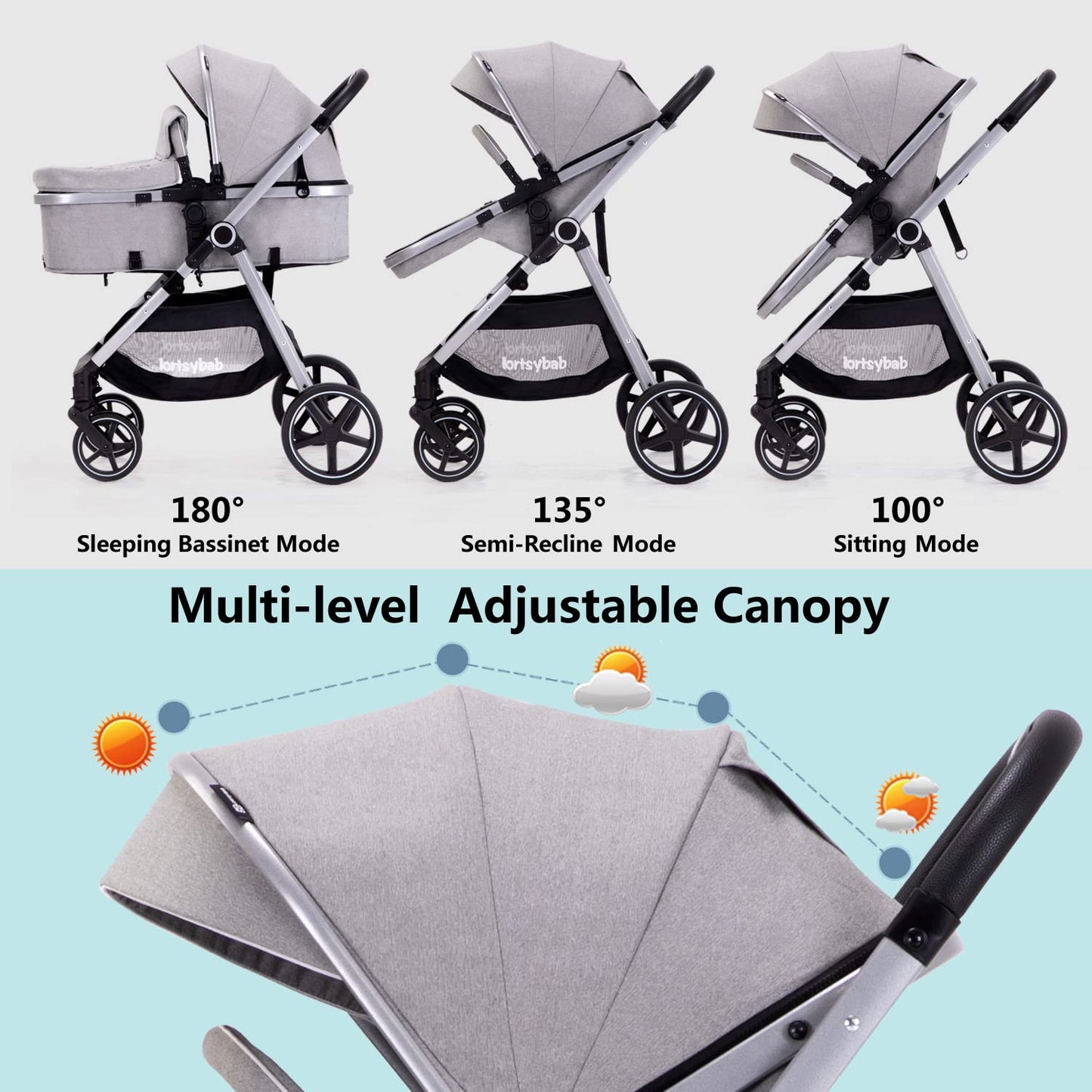 Lortsybab 2-in-1 beige baby stroller with reversible seat, folding infant pram for newborns and toddlers 0-36 months.