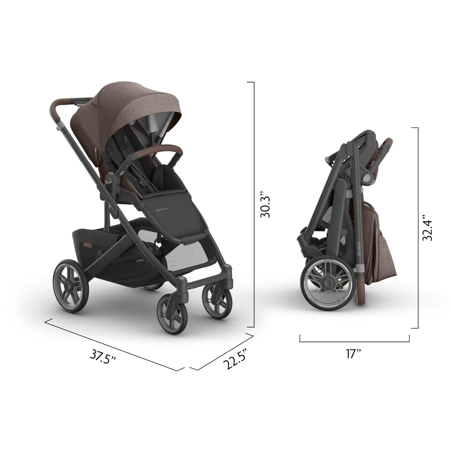 UPPAbaby Cruz V3 stroller in Greyson with reversible seat, infant insert, rain and bug shields, and compatible car seat.