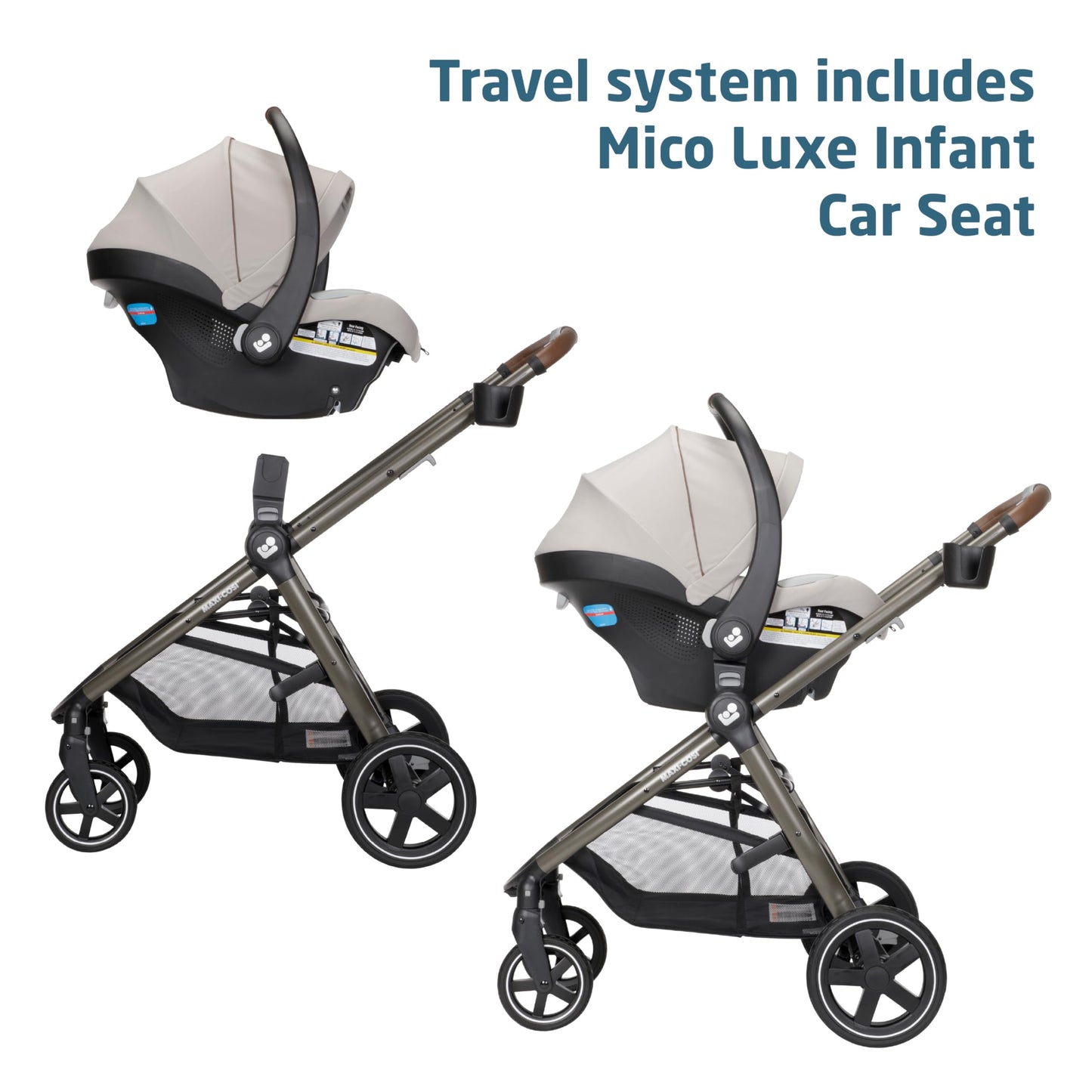 Maxi-Cosi Zelia Luxe 5-in-1 modular travel system with stroller, car seat, and accessories for versatile baby travel.
