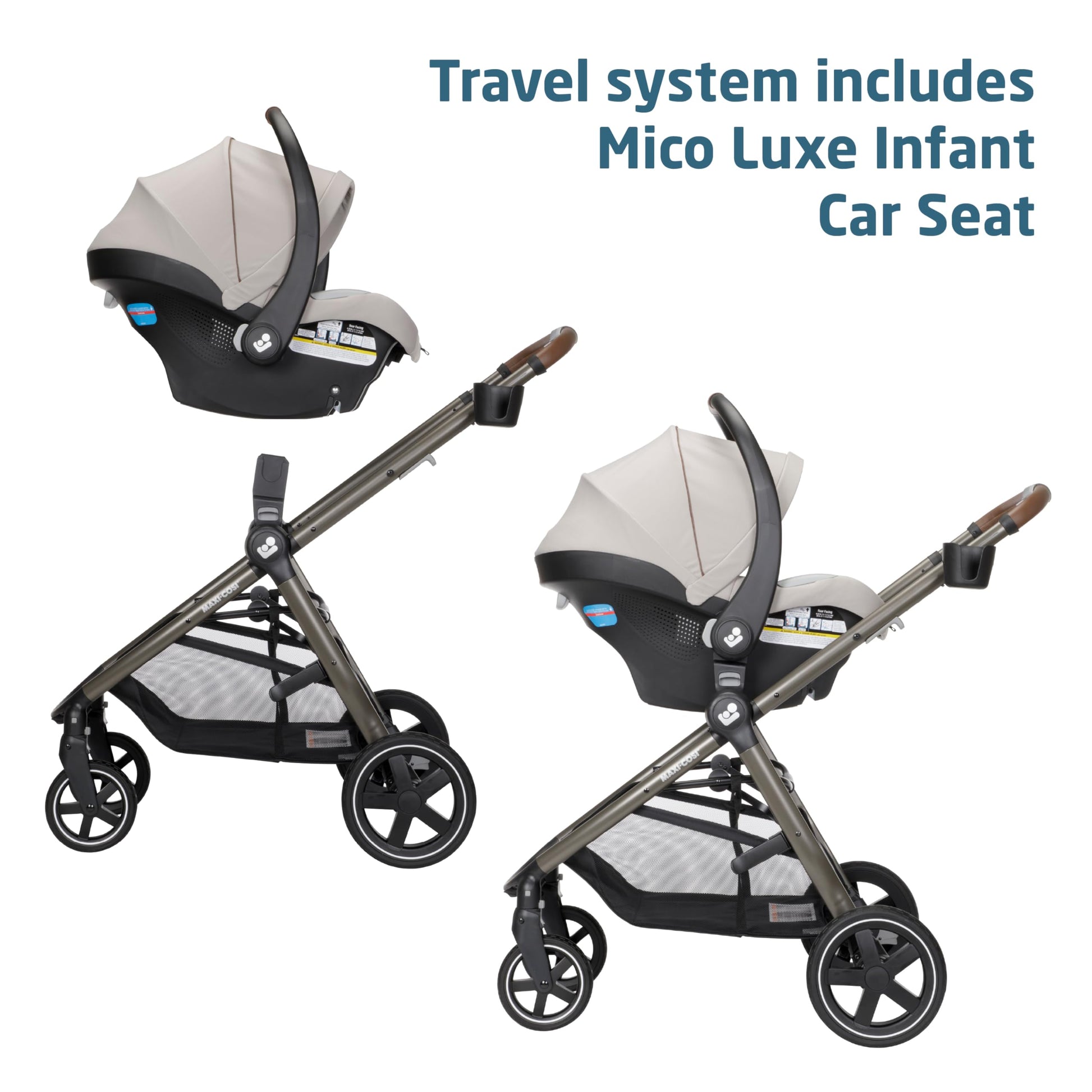 Maxi-Cosi Zelia Luxe 5-in-1 modular travel system with stroller, car seat, and accessories for versatile baby travel.