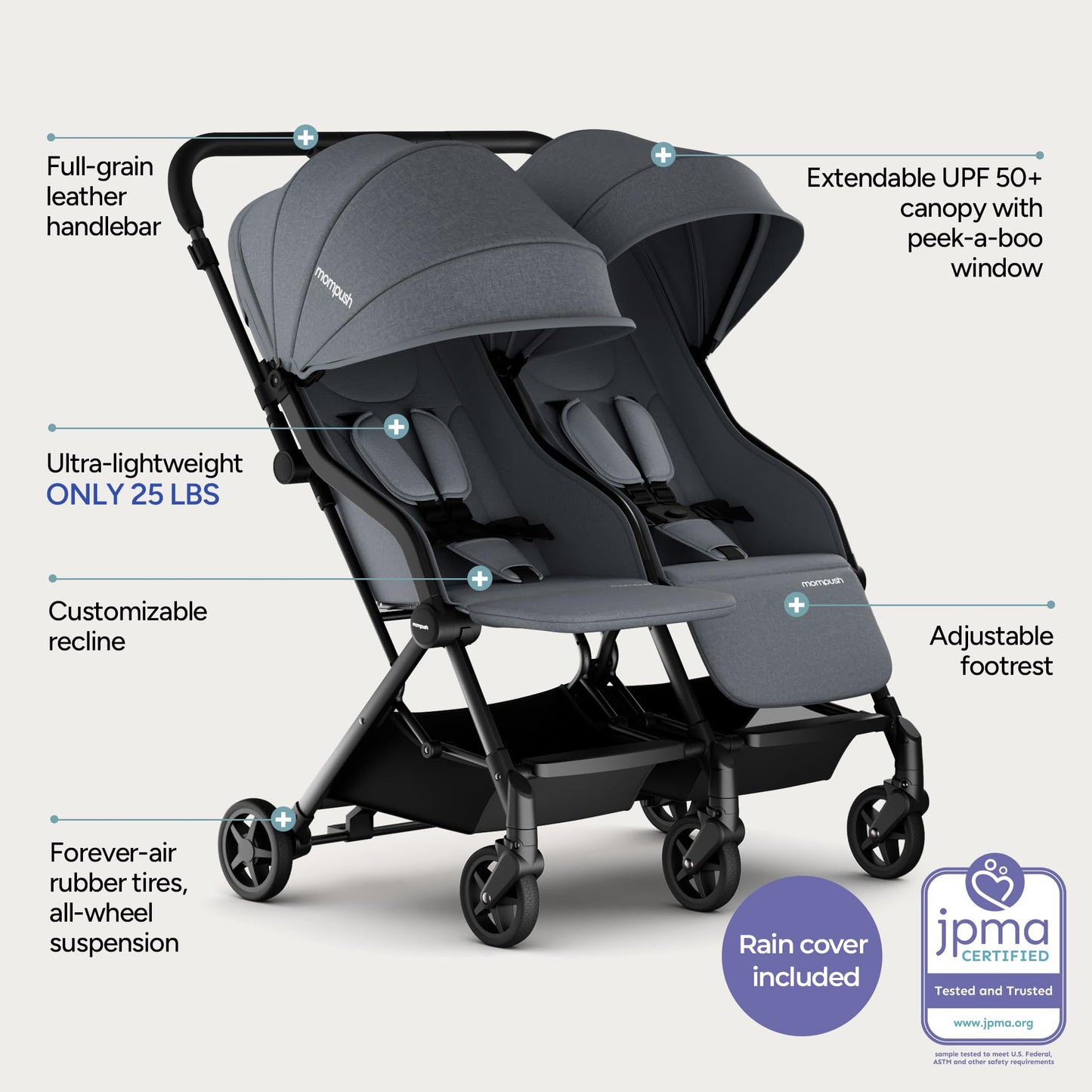 Mompush Lithe double stroller for newborn and toddler, lightweight side-by-side design with recline seats and UPF50+ canopy.