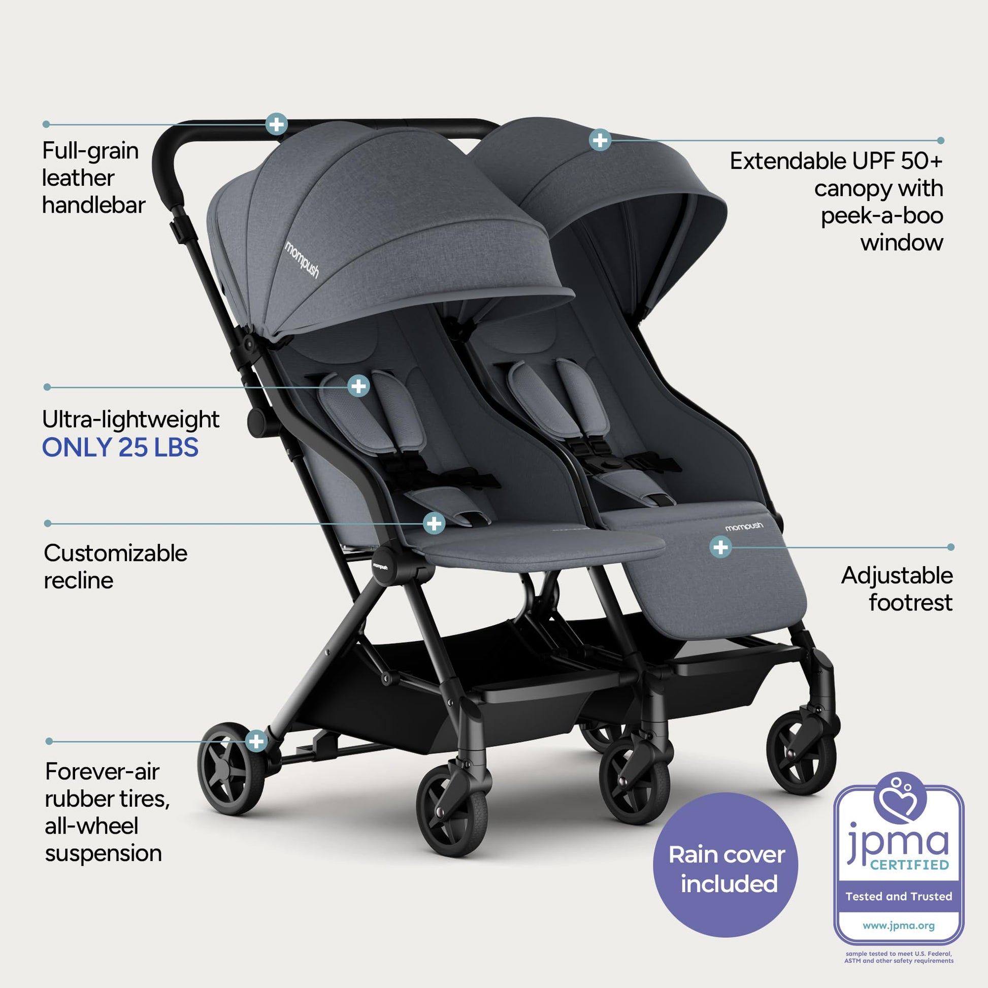 Mompush Lithe double stroller for newborn and toddler, lightweight side-by-side design with recline seats and UPF50+ canopy.