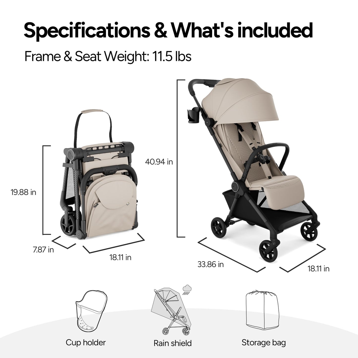 Mompush Nexis Carbon travel stroller showing lightweight frame, compact fold, reclining seat, and airplane carry-on size for easy travel.