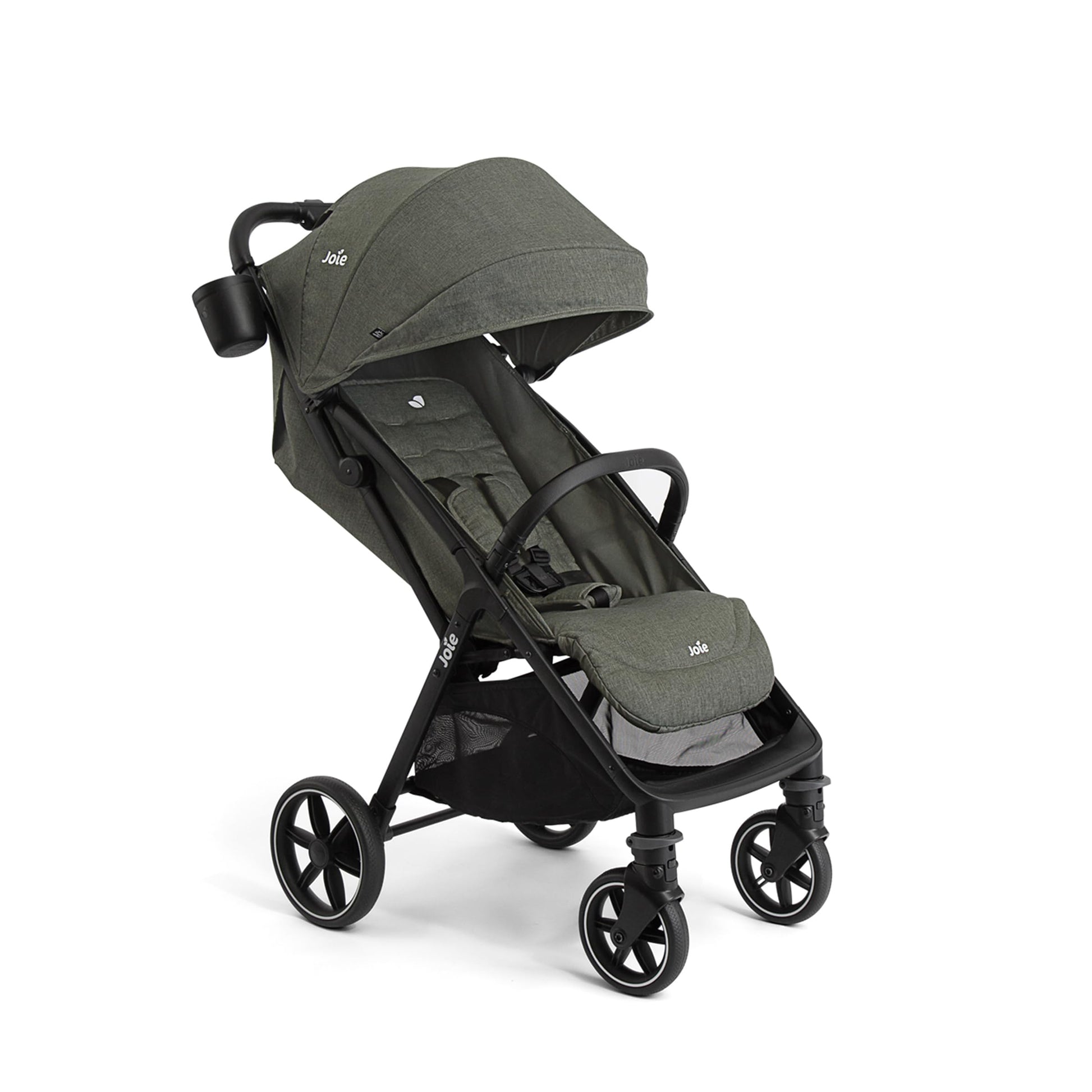 Joie Nutmeg compact stroller in shale color with one-hand fold, lightweight and easy to carry for convenient baby transport.